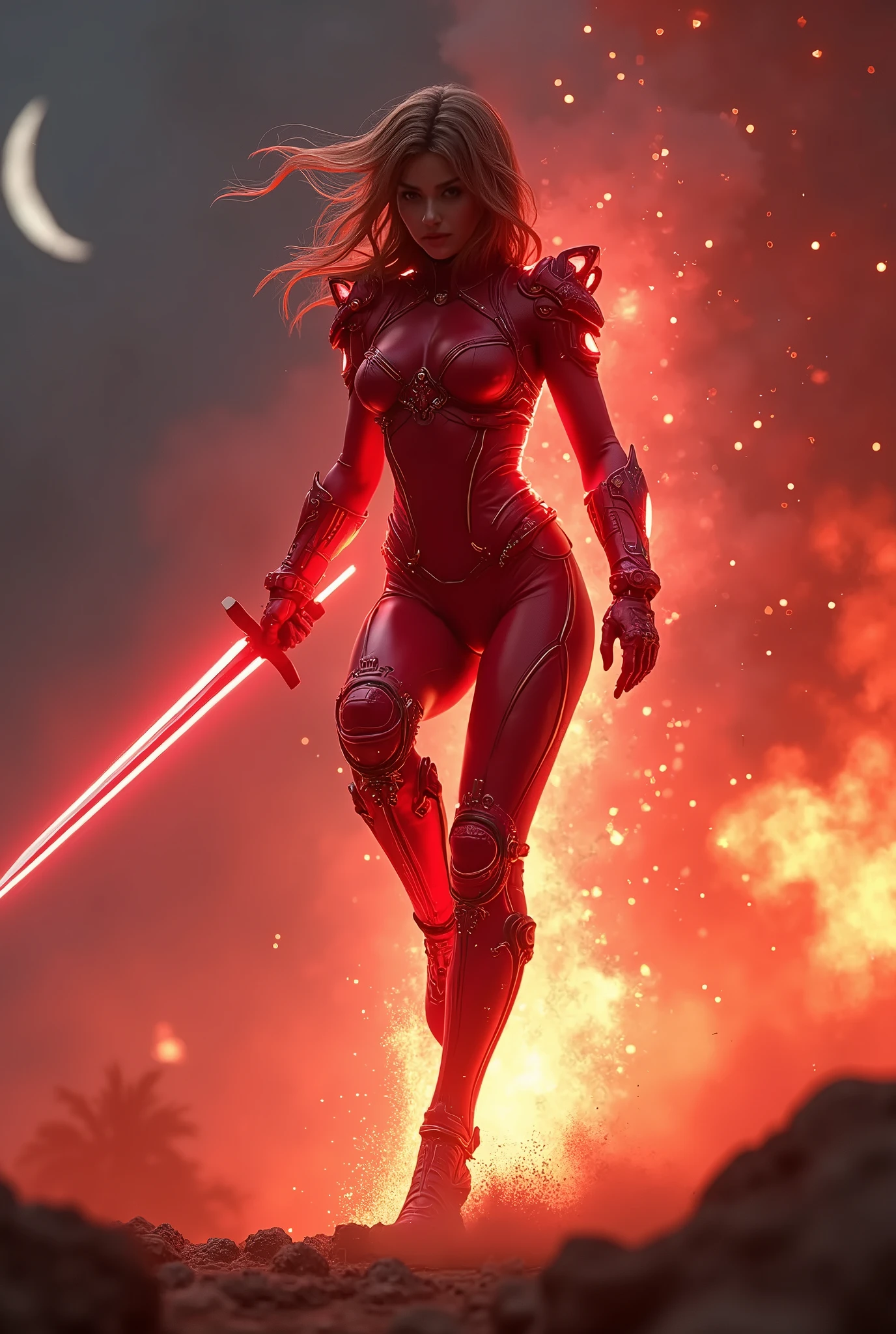 A transforming heroine appears in a hero action scene amidst an explosion of flames., The body is surrounded by a glowing red energy., Wearing a tight-fitting crimson red combat suit, Patchwork combat suit, Neon-colored line lights that accentuate your figure, A transforming heroine appears from the flames in a jumping pose, standing on one leg, Wields a slim rapier, Reinforced parts are attached to the shoulders, chest, waist and shins., Decorative and mechanical reinforcement parts, Flying dust, A glaring, screaming face, Dust cloud, The barren land of the dark night, Thin crescent moon,Dramatic lighting, Cinematic composition, Super detailed, 8k, Photorealistic, Greg Rutkowski 作, ArtStation.