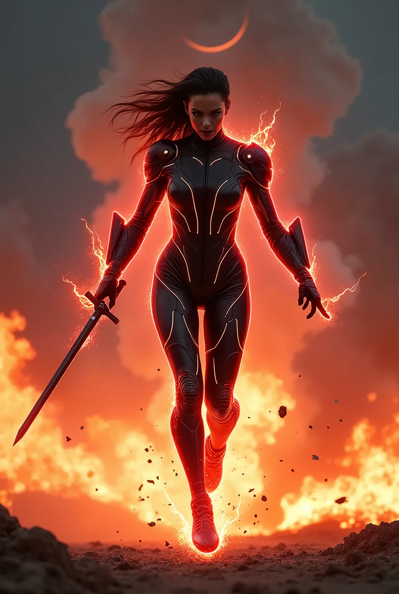 A transforming heroine appears in a hero action scene amidst an explosion of flames., The body is surrounded by a glowing red energy., Wearing a tight-fitting jet black combat suit, Patchwork combat suit, Neon-colored line lights that accentuate your figure, A transforming heroine appears from the flames in a jumping pose, standing on one leg, Wields a slim rapier, Reinforced parts are attached to the shoulders, chest, waist and shins., Decorative and mechanical reinforcement parts, Flying dust, A glaring, screaming face, Dust cloud, The barren land of the dark night, Thin crescent moon,Dramatic lighting, Cinematic composition, Super detailed, 8k, Photorealistic, Greg Rutkowski 作, ArtStation.