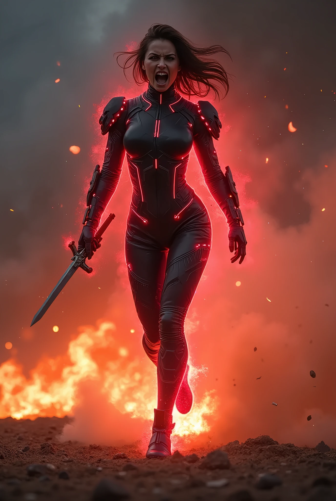 A transforming heroine appears in a hero action scene amidst an explosion of flames., The body is surrounded by a glowing red energy., Wearing a tight-fitting jet black combat suit, Patchwork combat suit, Neon-colored line lights that accentuate your figure, A transforming heroine appears from the flames in a jumping pose, standing on one leg, Wields a slim rapier, Reinforced parts are attached to the shoulders, chest, waist and shins., Decorative and mechanical reinforcement parts, Flying dust, A glaring, screaming face, Dust cloud, The barren land of the dark night, Thin crescent moon,Dramatic lighting, Cinematic composition, Super detailed, 8k, Photorealistic, Greg Rutkowski 作, ArtStation.