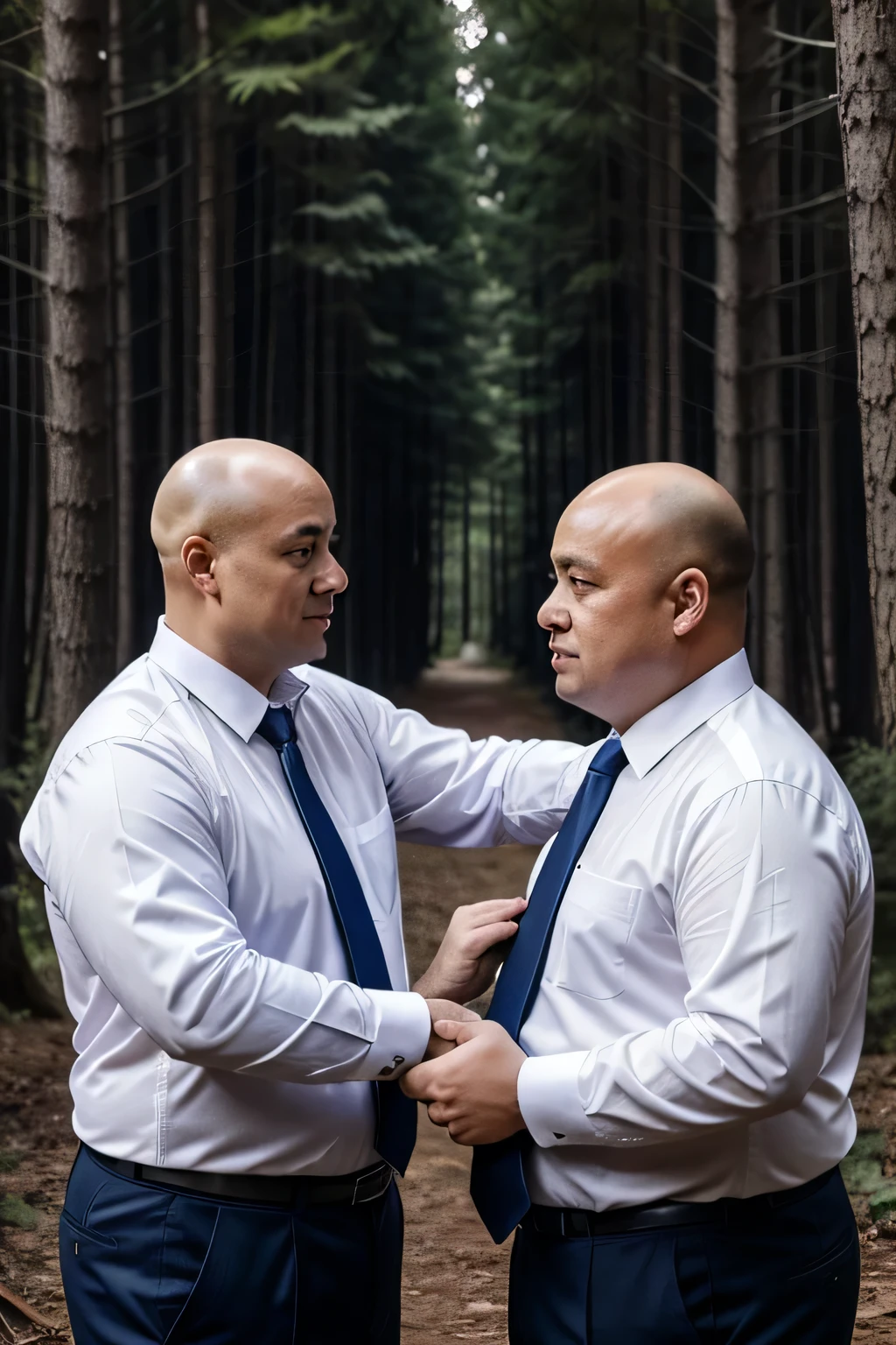 Two people wearing white shirts，Dark blue tie，Fat Chinese mature bald round-faced middle-aged man not wearing a suit in the forest，Fist to the abdomen