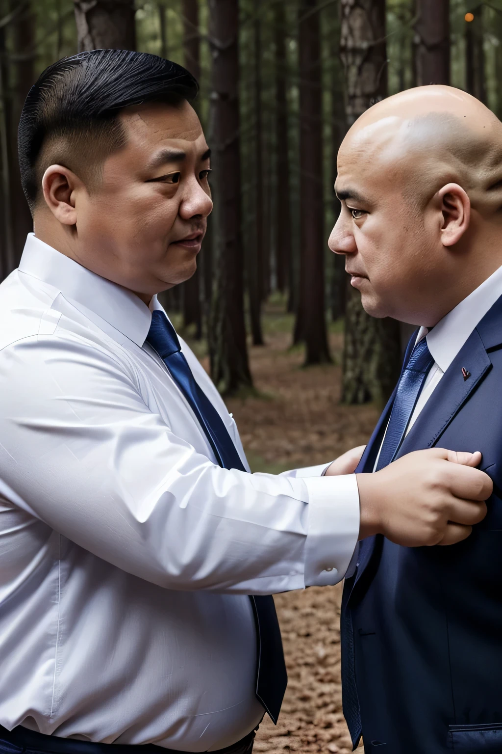 Two people wearing white shirts，Dark blue tie，Fat Chinese mature bald round-faced middle-aged man not wearing a suit in the forest，Fist to the abdomen