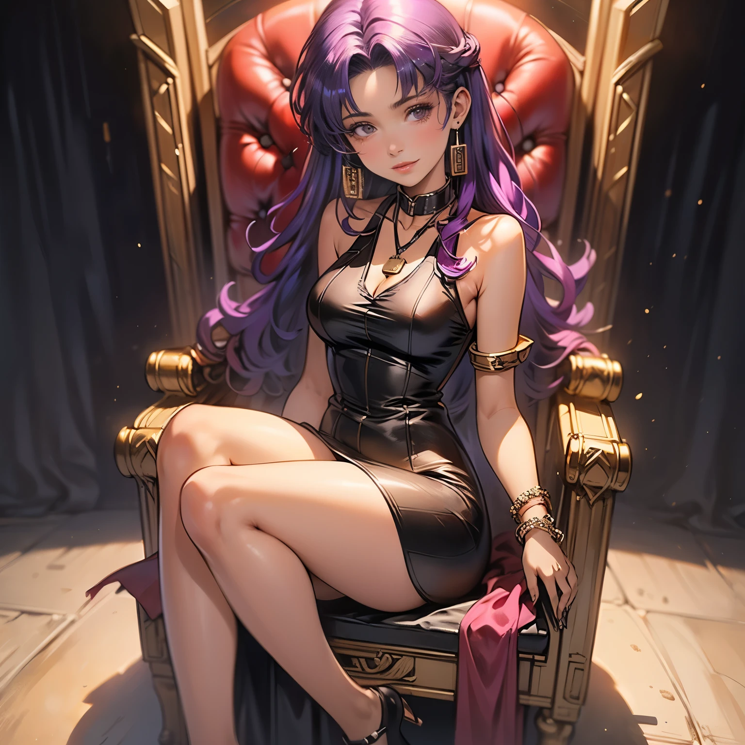 (masterpiece), best quality, 1girl, expressive eyes, perfect face, (purple hair), perfect anatomy, full body, 4k, HDR, full HD, solo, hyper_detailed), misato katsuragi, long hair, purple hair, fuchsia pink shiny bikini, gold bracelet, gold ribbon choker, mini crown, shiny fucia pink dress, bare shoulders, white gloves, elegant outfit, very intricate outfit, detailed outfit with delicate gold lace, purple hair, long hair, misato katsuragi, sitting on an elegant golden throne, the throne has many details,