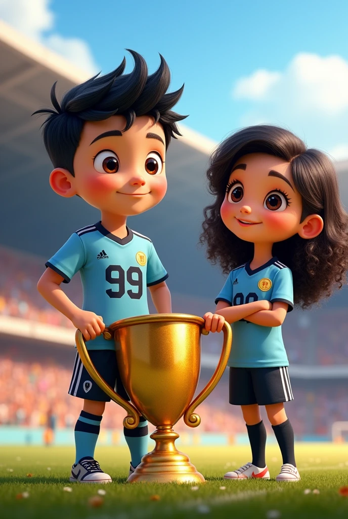 Pixar-type poster of a movie about two characters: a white boy with black hair wearing a soccer uniform with the number 99 next to a large trophy, The girl is brunette with curly hair dressed in a light blue shirt and black pants