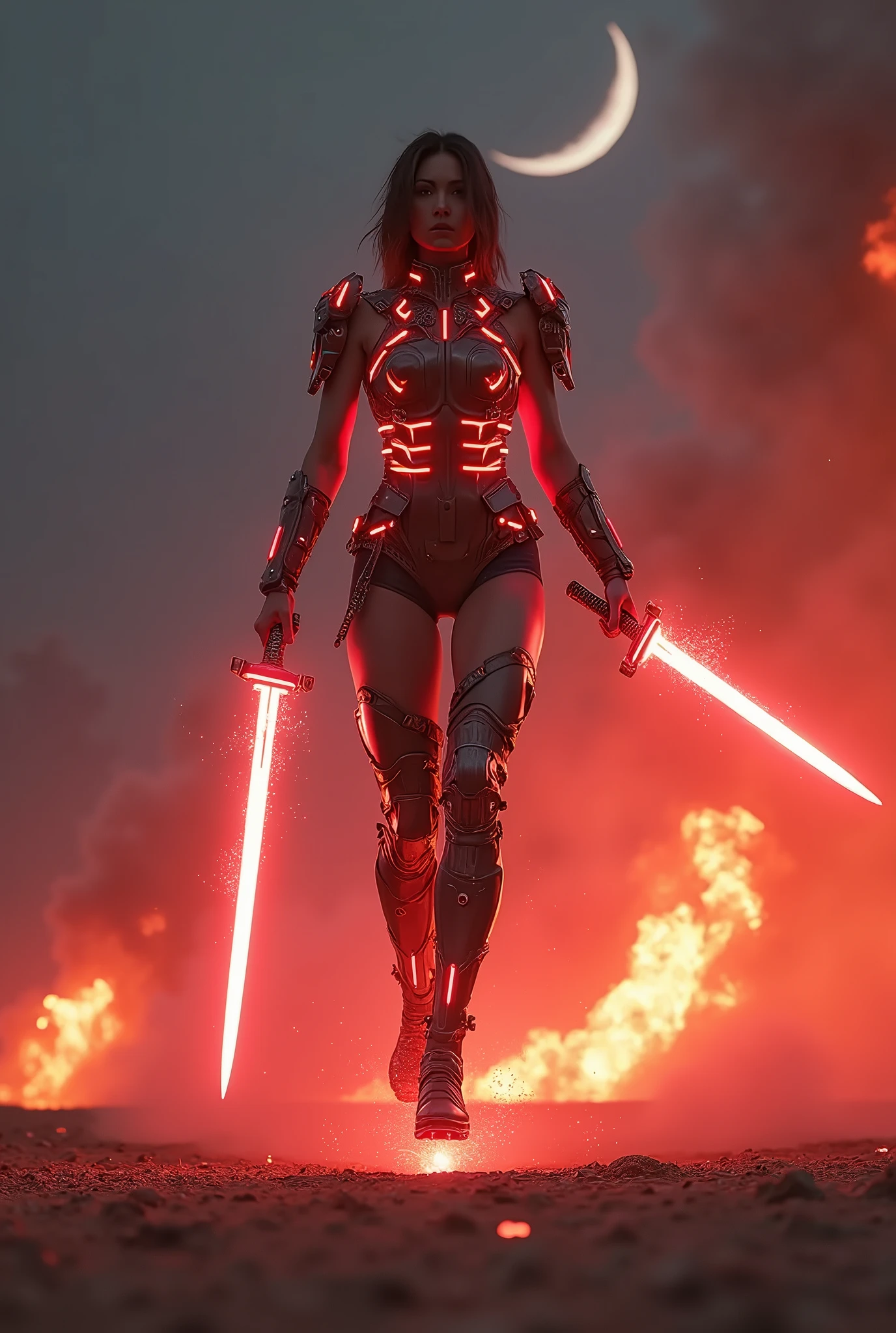 A transforming heroine appears in a hero action scene amidst an explosion of flames., The body is surrounded by a glowing red energy., Wearing a tight-fitting camouflage combat suit, Patchwork combat suit, Neon-colored line lights that accentuate your figure, A transforming heroine appears from the flames in a jumping pose, standing on one leg, Wields a slim rapier, Reinforced parts are attached to the shoulders, chest, waist and shins., Decorative and mechanical reinforcement parts, Flying dust, A glaring, screaming face, Dust cloud, The barren land of the dark night, Thin crescent moon,Dramatic lighting, Cinematic composition, Super detailed, 8k, Photorealistic, Greg Rutkowski 作, ArtStation.