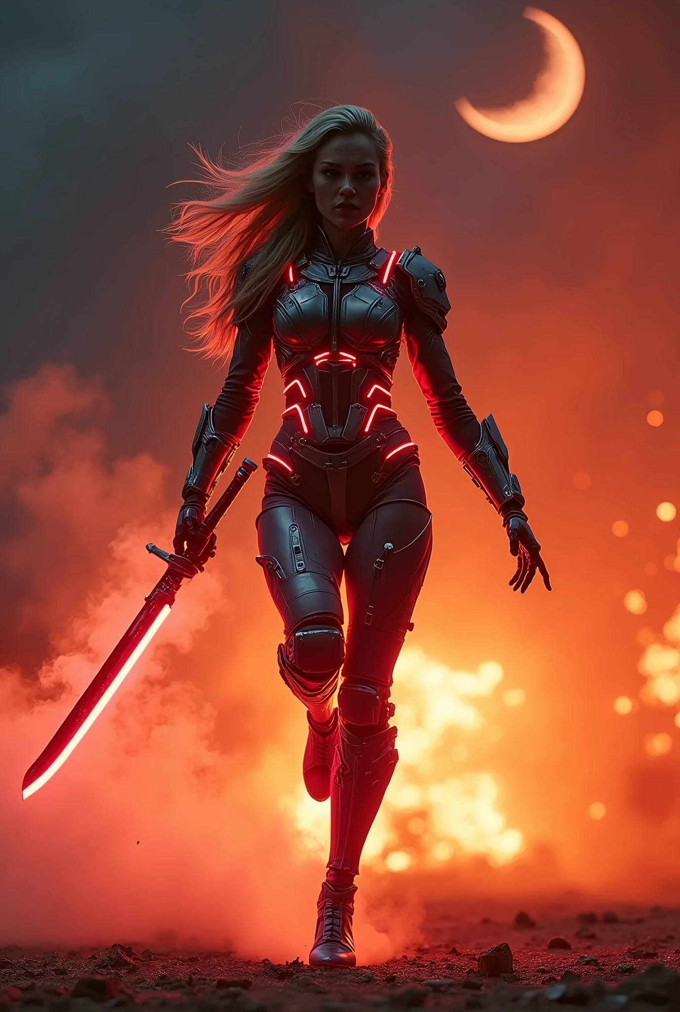 A transforming heroine appears in a hero action scene amidst an explosion of flames., The body is surrounded by a glowing red energy., Wearing a tight-fitting camouflage combat suit, Patchwork combat suit, Neon-colored line lights that accentuate your figure, A transforming heroine appears from the flames in a jumping pose, standing on one leg, Wields a slim rapier, Reinforced parts are attached to the shoulders, chest, waist and shins., Decorative and mechanical reinforcement parts, Flying dust, A glaring, screaming face, Dust cloud, The barren land of the dark night, Thin crescent moon,Dramatic lighting, Cinematic composition, Super detailed, 8k, Photorealistic, Greg Rutkowski 作, ArtStation.