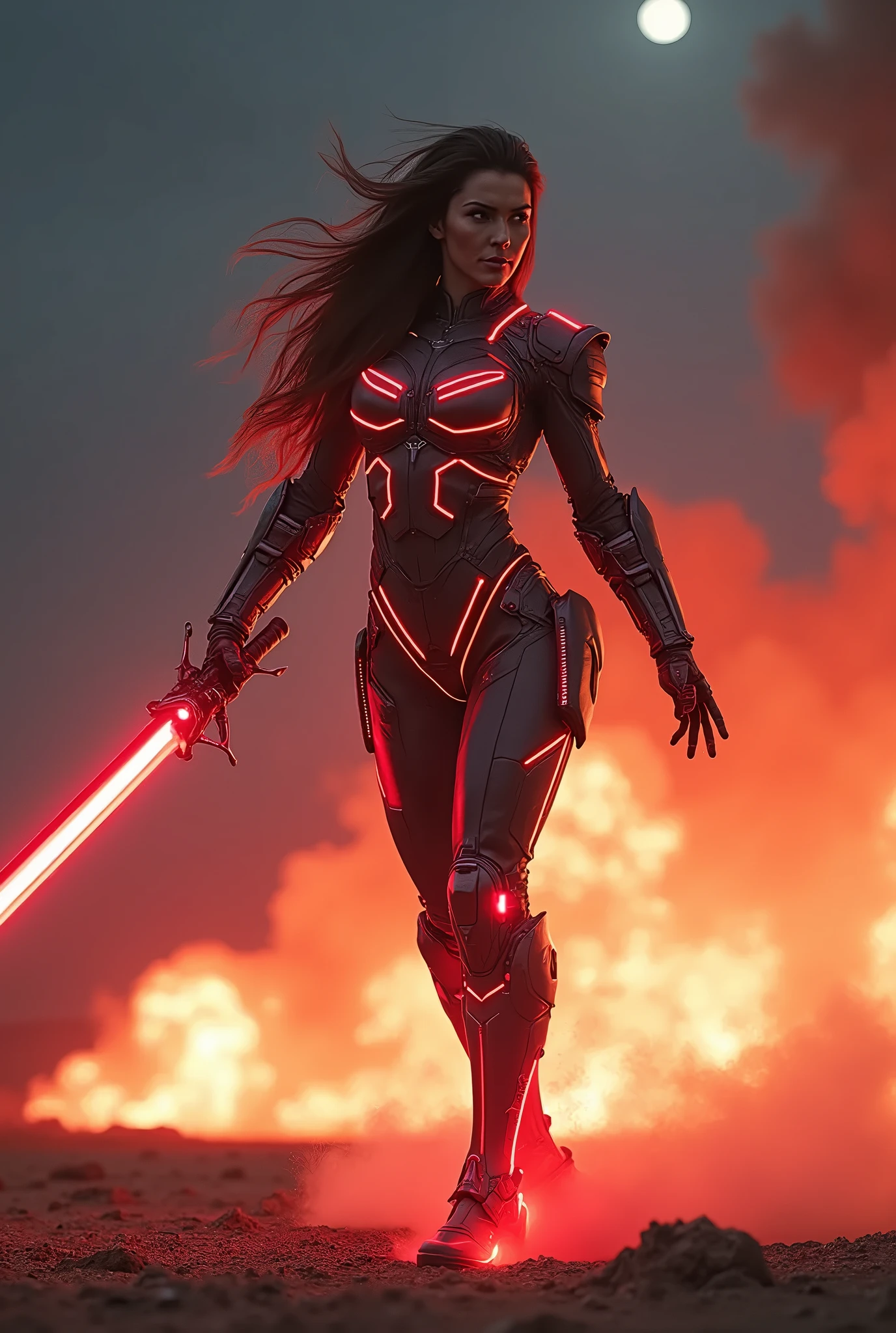 A transforming heroine appears in a hero action scene amidst an explosion of flames., The body is surrounded by a glowing red energy., Wearing a tight-fitting camouflage combat suit, Patchwork combat suit, Neon-colored line lights that accentuate your figure, A transforming heroine appears from the flames in a jumping pose, standing on one leg, Wields a slim rapier, Reinforced parts are attached to the shoulders, chest, waist and shins., Decorative and mechanical reinforcement parts, Flying dust, A glaring, screaming face, Dust cloud, The barren land of the dark night, Thin crescent moon,Dramatic lighting, Cinematic composition, Super detailed, 8k, Photorealistic, Greg Rutkowski 作, ArtStation.