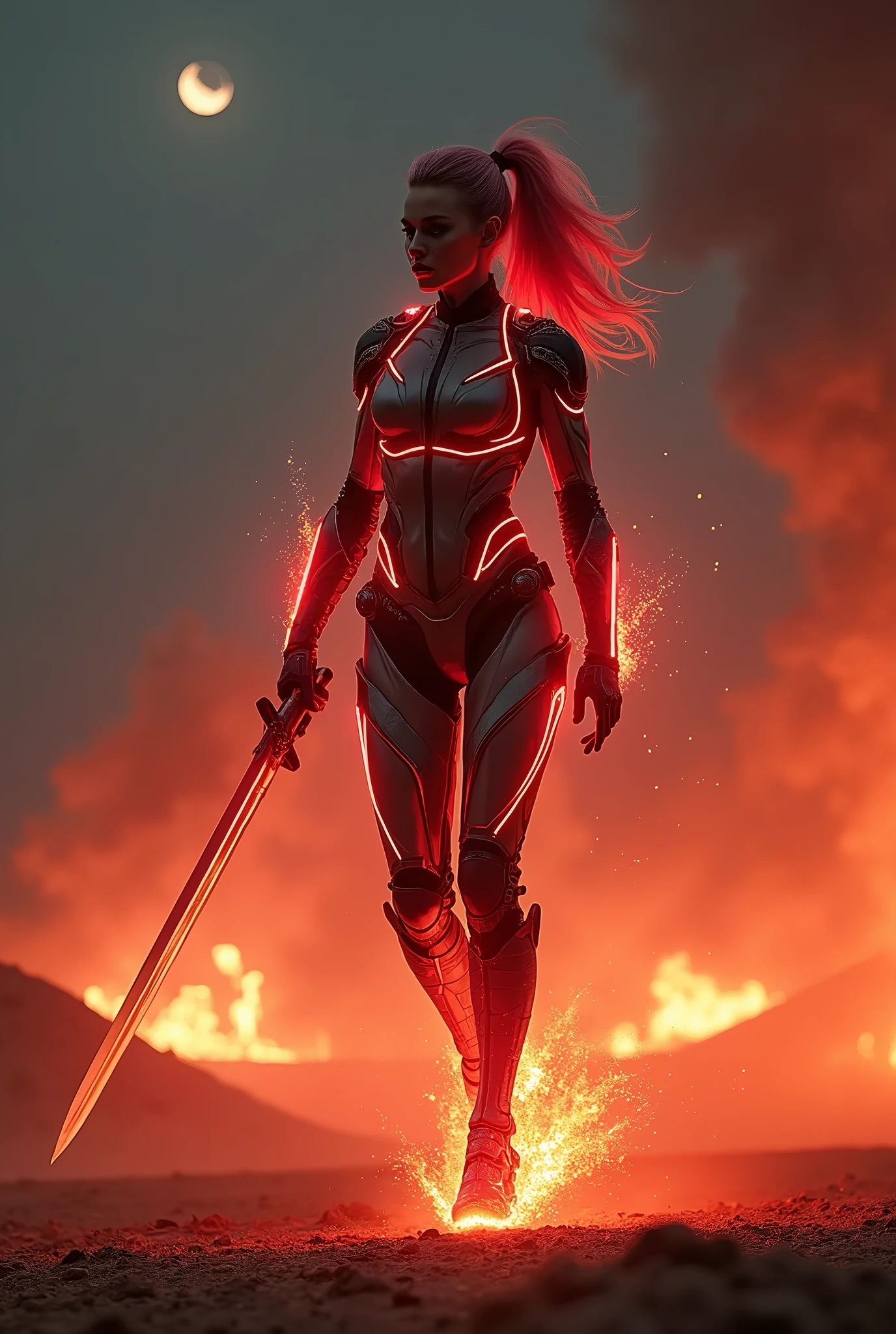 A transforming heroine appears in a hero action scene amidst an explosion of flames., The body is surrounded by a glowing red energy., Wearing a tight-fitting camouflage combat suit, Patchwork combat suit, Neon-colored line lights that accentuate your figure, A transforming heroine appears from the flames in a jumping pose, standing on one leg, Wields a slim rapier, Reinforced parts are attached to the shoulders, chest, waist and shins., Decorative and mechanical reinforcement parts, Flying dust, A glaring, screaming face, Dust cloud, The barren land of the dark night, Thin crescent moon,Dramatic lighting, Cinematic composition, Super detailed, 8k, Photorealistic, Greg Rutkowski 作, ArtStation.