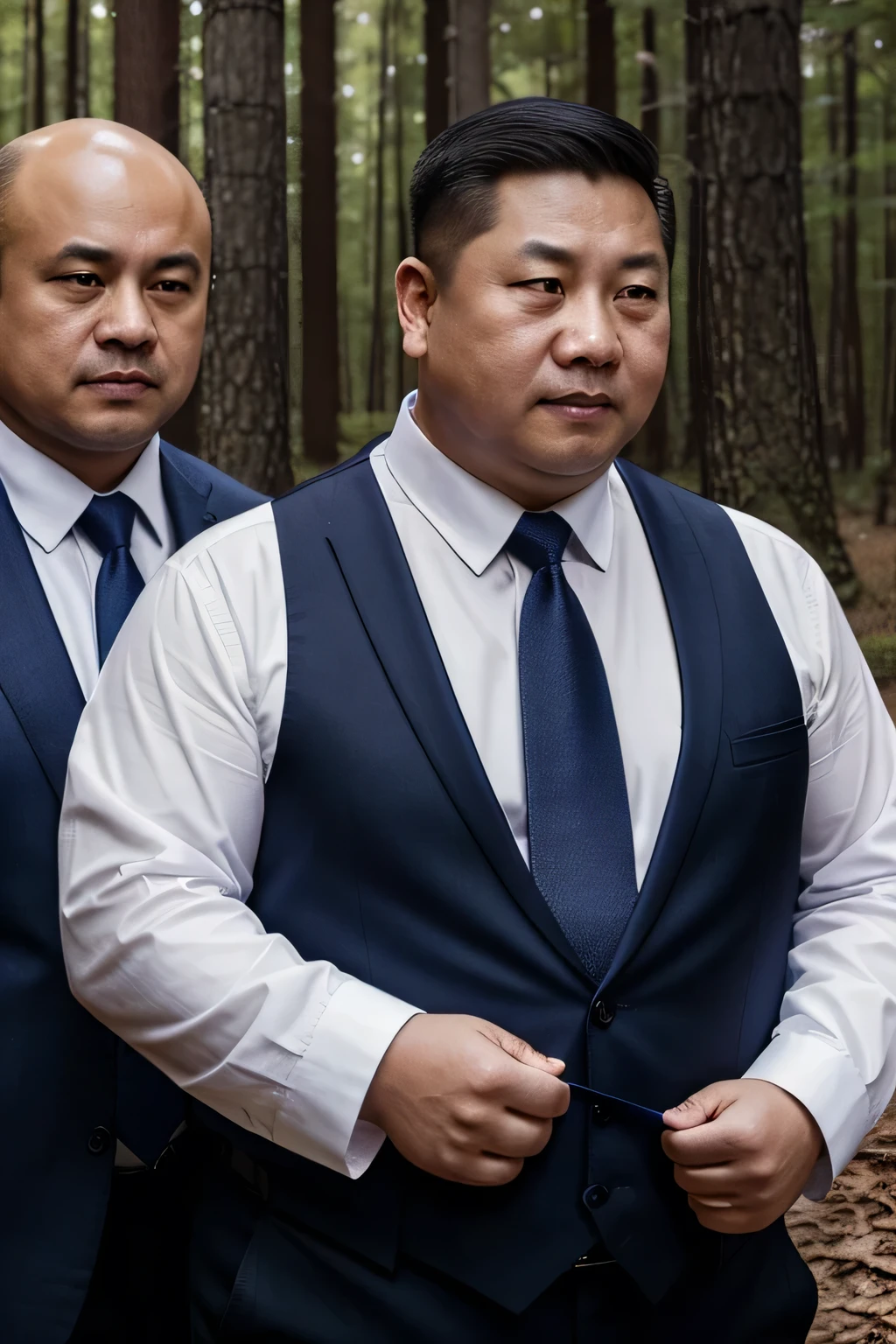 Two people wearing white shirts，Dark blue tie，Fat Chinese mature bald round-faced middle-aged man not wearing a suit in the forest，Punch your fist into your stomach