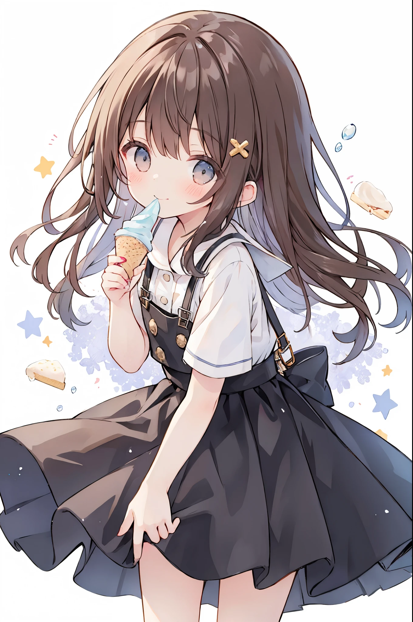 Cute Girl,Holding and eating ice cream,Pleated skirt,mini skirt,smile,Brown Hair,Long Hair,White blank background,High image quality,whole body