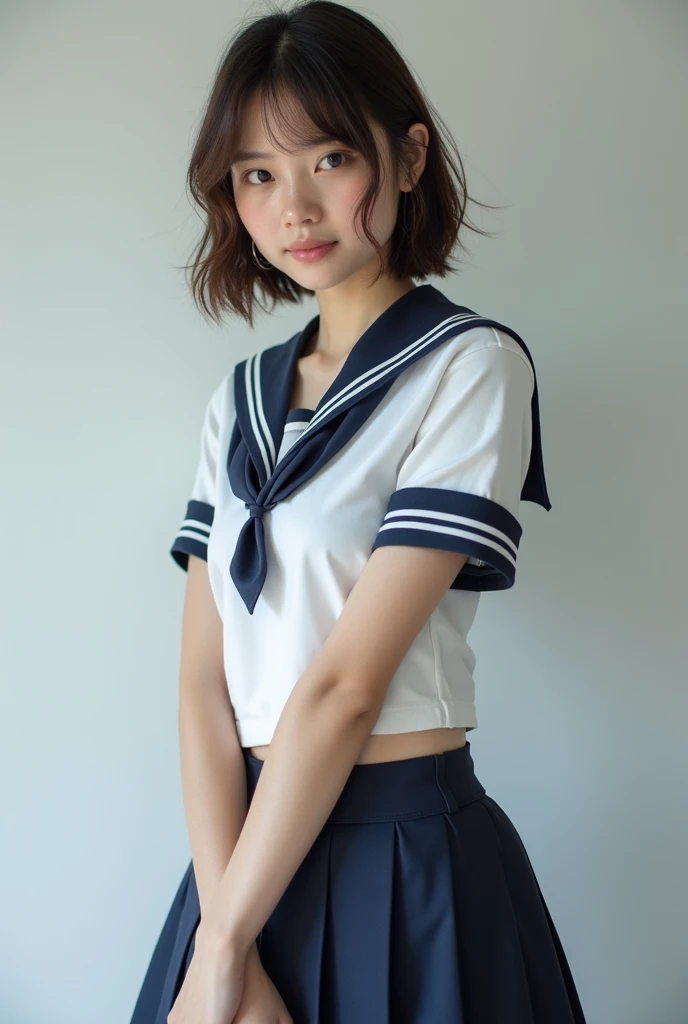 1girl, summer uniform, sailor uniform, short-sleeved shirt, blouse, skeleton uniform, Korean cosmetics, bra, embarrassed face, shy face, red tie ribbon, boyish face, touching face with hands, very short hair, socks, necklace, piercing, belly button exposed, beautiful legs, knee-high boots, dark skin, gyaru