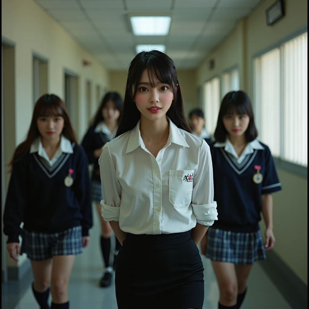 Bangs hide eyebrows、Yellow Hairband、Hair to the shoulders、High school students、a beauty girl、((thin lipss))、Smaller chest、White gym clothes、Black bloomers、((pore feel))、(Nikon Z 85mm)、((Single focal length lens shooting))、((top-quality)) ((masterpiece))、intricate-detail、((((Photorealsitic))))、Real life、surrealistic、photorealisim、Silhouette Light、finely detail、top-quality、Highly detailed CG Unity 8K wallpapers、erfect artwork、full body Esbian、shinny hair、radiant eyes、shinny skin、realisitic、The perfect girl statue、Constricted waist、((Square big double eyes))、Small buttocks