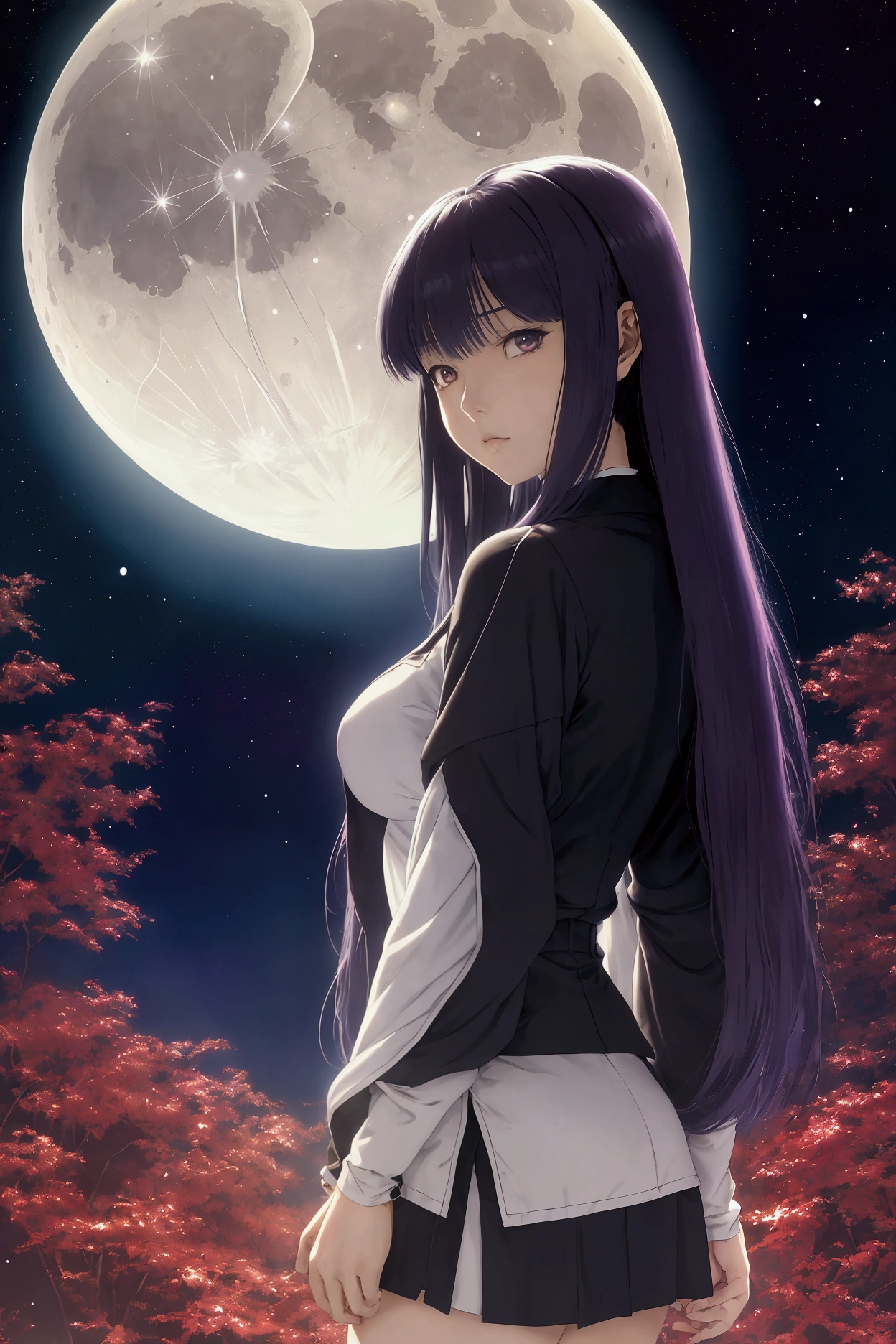 Pauline Baynes, Bob Eggleton, yuu watase, Artuš Scheiner, Severus Lian, Surrealism Mysterious Weird Fantastic Fantasy Sci-fi, Japanese Anime, A sleepwalking miniskirt beautiful high school girl goes looking for her own moon, perfect voluminous body, detailed masterpiece