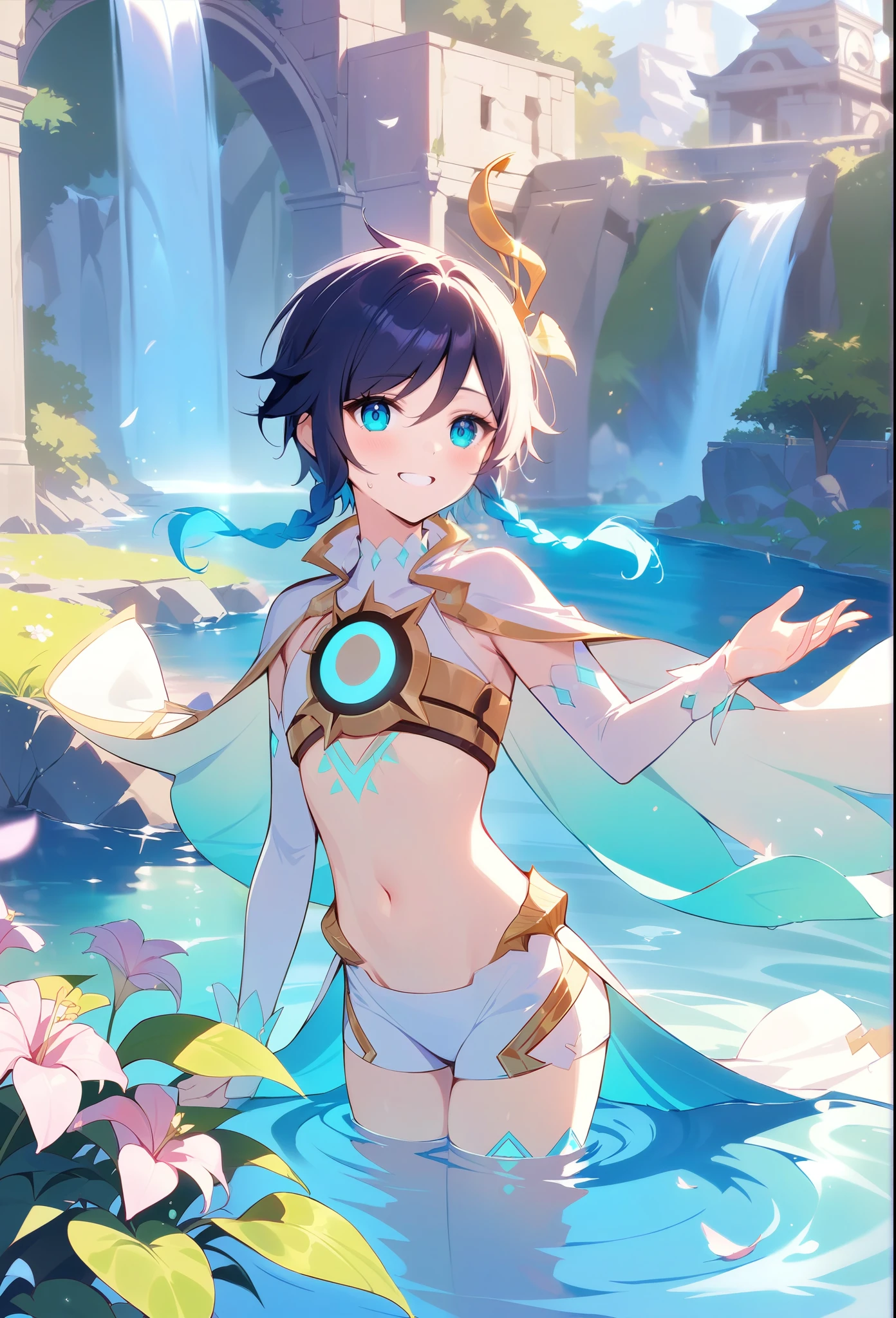 (masterpiece,best quality,4k,8k,absurdres:1.2),1boy,flat chest,venti_(archon)_(genshin_impact),bare stomach,graceful,black hair,ancient ruins,manga,natural lighting,full background,beautiful,perfect,building,scenery,garden,surreal,isolated,water,ocean,floating particles,vivid,fantasy:1.1,shimmer,shallow depth of field,perfect lighting,bloom,day,atmospheric,blue sky,above the clouds,windy,flying petals,tree,waterfall,water,stream,dappled sunlight,halation:0.8,paradise,highres,dsmile