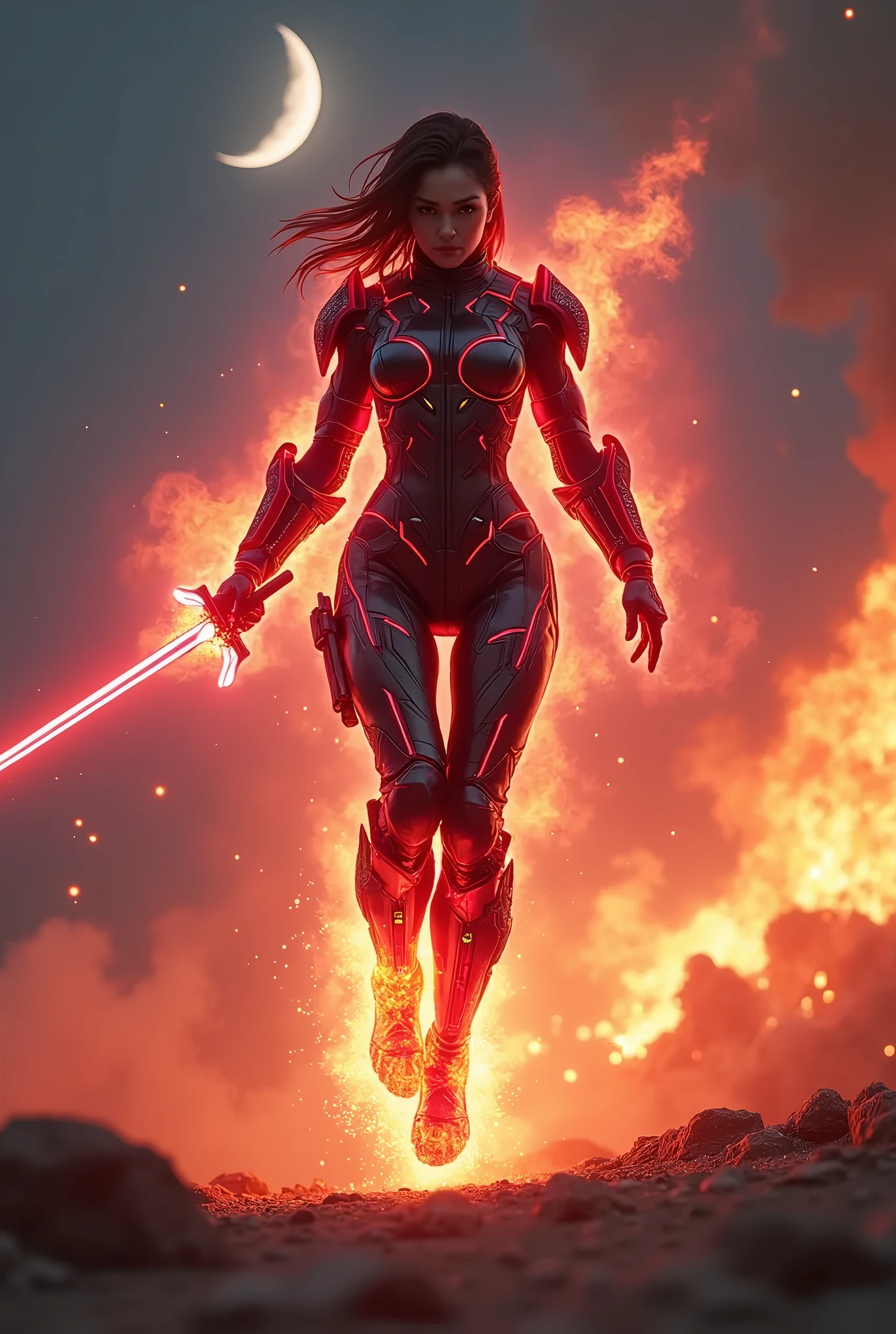 A transforming heroine appears in a hero action scene amidst an explosion of flames., The body is surrounded by a glowing red energy., Wearing a tight-fitting combat suit, Black, red and white patchwork combat suit, Neon-colored line lights that accentuate your figure, A transforming heroine appears from the flames in a jumping pose, standing on one leg, Wields a slim rapier, Reinforced parts are attached to the shoulders, chest, waist and shins., Decorative and mechanical reinforcement parts, Flying dust, A glaring, screaming face, Dust cloud, The barren land of the dark night, Thin crescent moon,Dramatic lighting, Cinematic composition, Super detailed, 8k, Photorealistic, Greg Rutkowski 作, ArtStation.