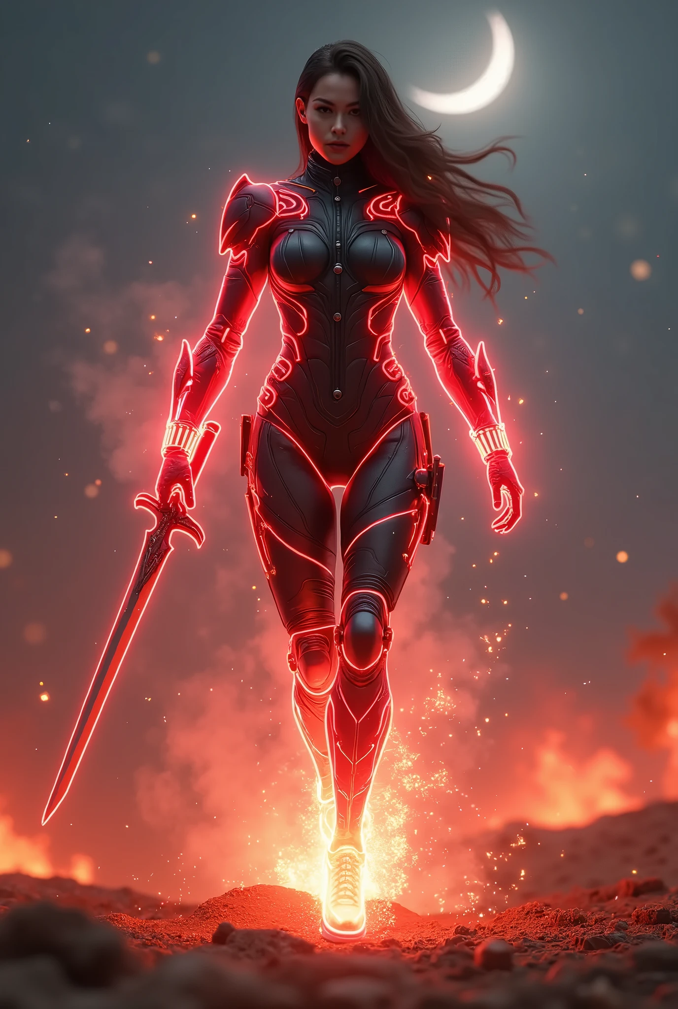 A transforming heroine appears in a hero action scene amidst an explosion of flames., The body is surrounded by a glowing red energy., Wearing a tight-fitting combat suit, Black, red and white patchwork combat suit, Neon-colored line lights that accentuate your figure, A transforming heroine appears from the flames in a jumping pose, standing on one leg, Wields a slim rapier, Reinforced parts are attached to the shoulders, chest, waist and shins., Decorative and mechanical reinforcement parts, Flying dust, A glaring, screaming face, Dust cloud, The barren land of the dark night, Thin crescent moon,Dramatic lighting, Cinematic composition, Super detailed, 8k, Photorealistic, Greg Rutkowski 作, ArtStation.