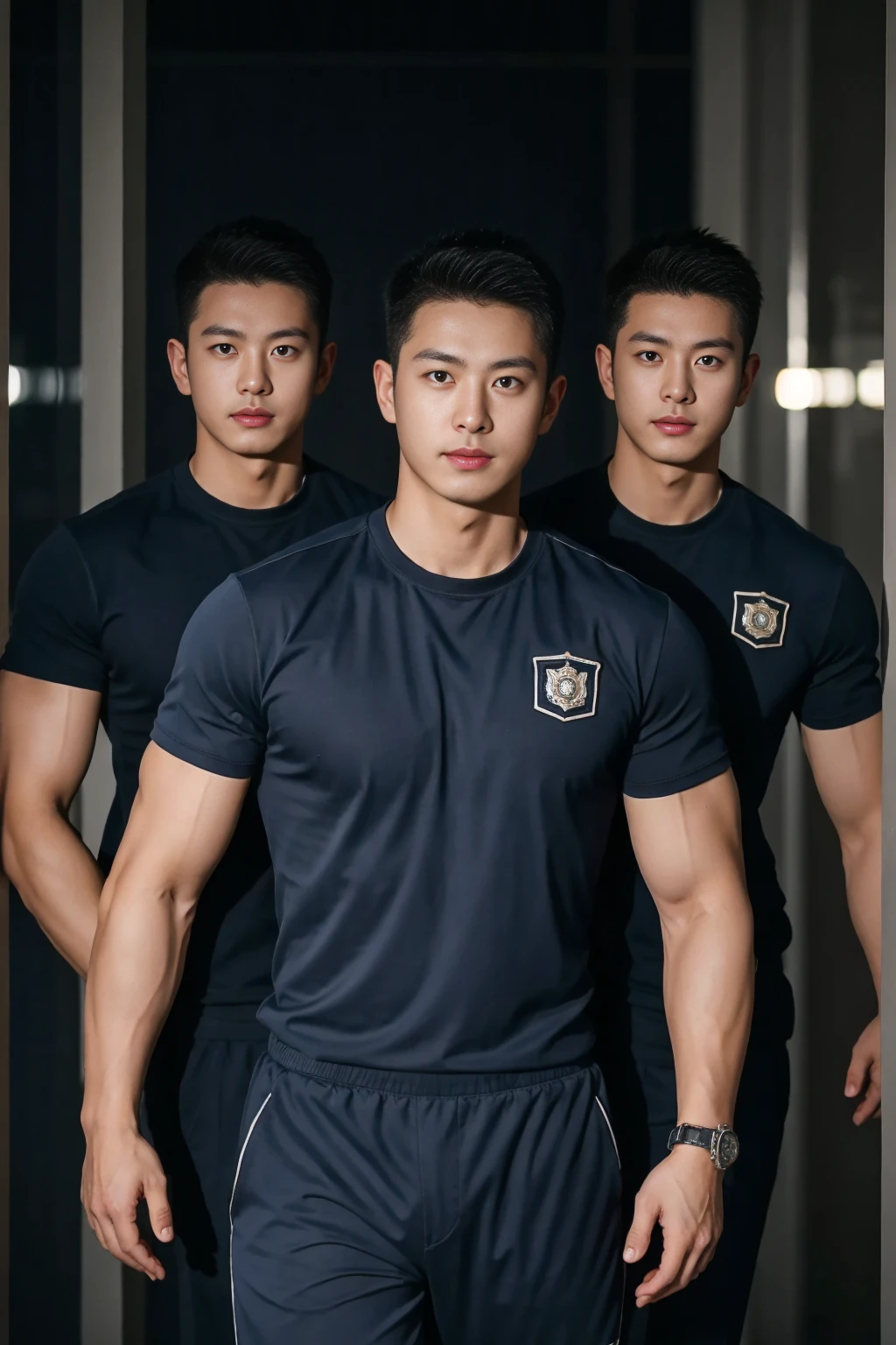 Male police officers in their 20s pose for a group photo...., Wear a navy shirt......................, High-res, tmasterpiece, best qualtiy, Head:1.3,((Hasselblad photograp)), Fine fine skin, Clear focus, (Cinematic lighting), during night, Gentle lighting, dynamic angle, [:(Detailed face:1.2):0.2],(((Exercise))), sport, The arm muscles are very large........., Hands in the crotch.