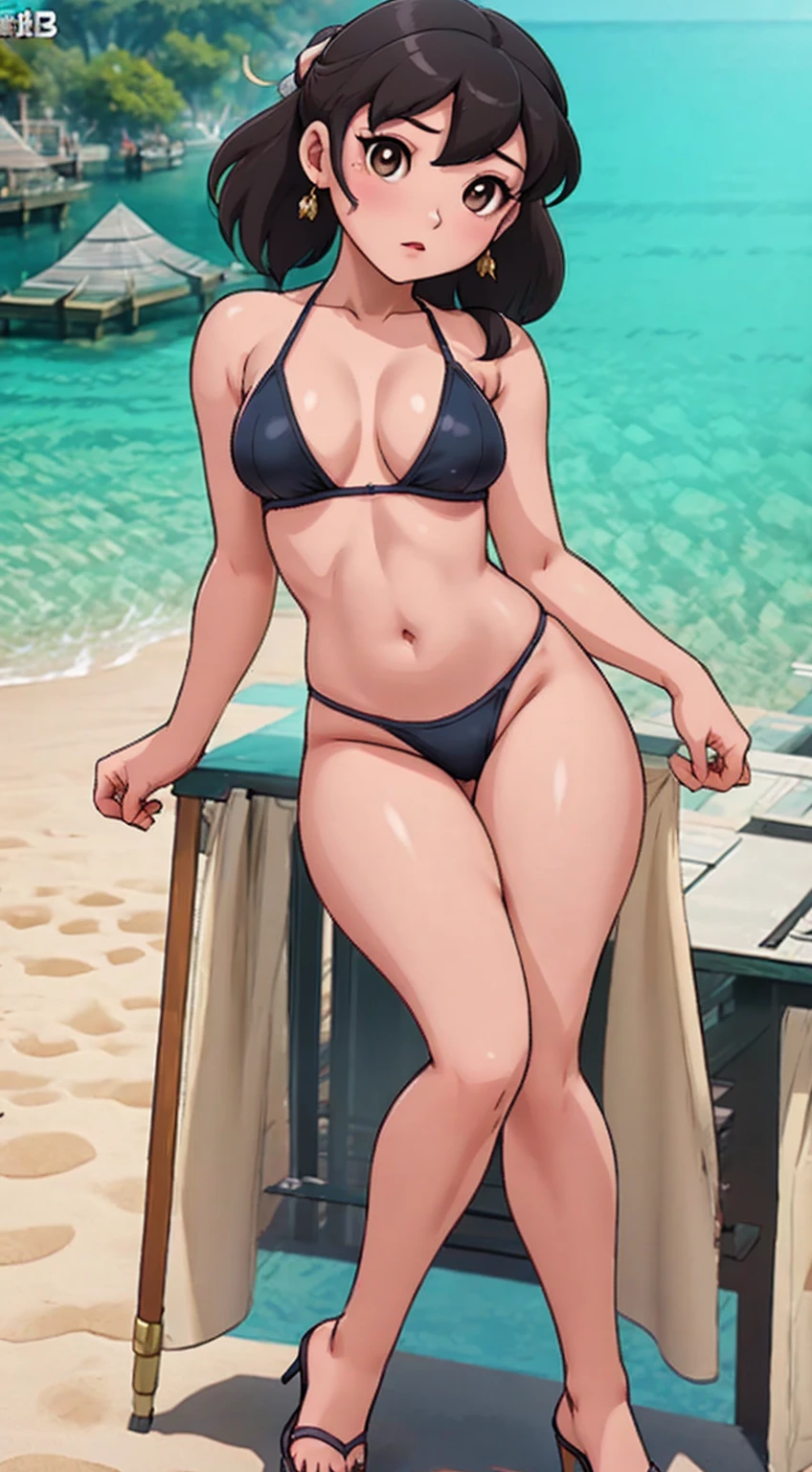 Strong girl on her back looking over her shoulders, long black hair, fair skin, full body, thick thighs, medium breasts, large buttocks, detailed and defined eyes with eyeliner, bikini, thic, 3d render character art, 8k, 3d character art, realistic character concept, unreal 3d engine, detailed,shizuka,beach background,hot