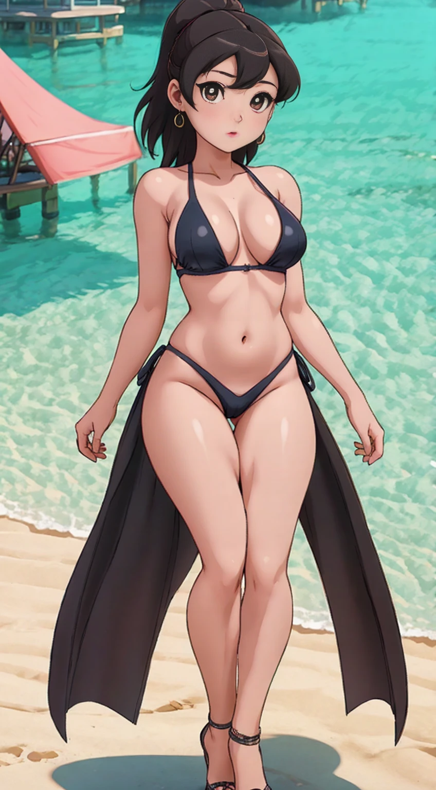 Strong girl on her back looking over her shoulders, long black hair, fair skin, full body, thick thighs, medium breasts, large buttocks, detailed and defined eyes with eyeliner, bikini, thic, 3d render character art, 8k, 3d character art, realistic character concept, unreal 3d engine, detailed,shizuka,beach background,hot