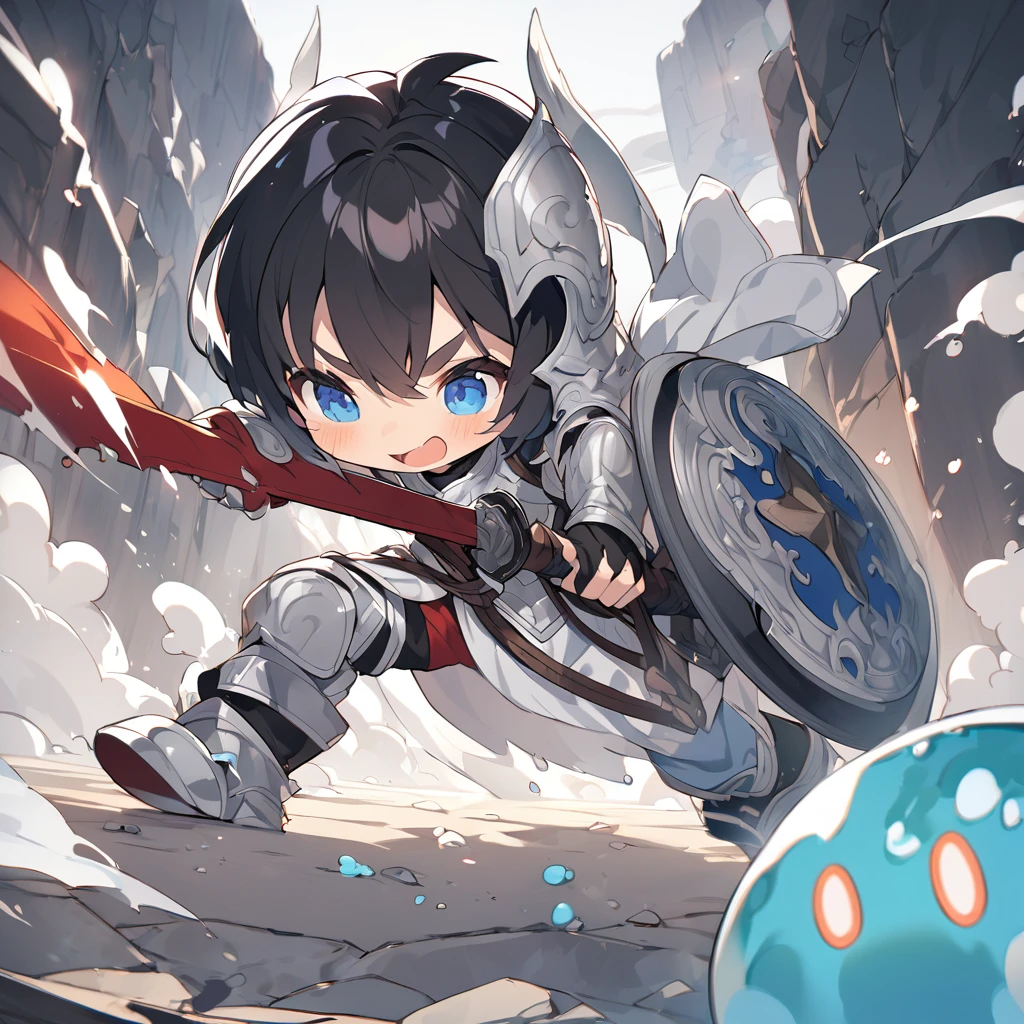 material、thick paint、Level 30 Warrior,Fantasy、Warrior,pretty girl、Full body silver armor、Silver Helmet、Long sword and shield、short hair、Cute boyish girl、Black Hair、blue eyes、Slime fight scene,solo,1 person