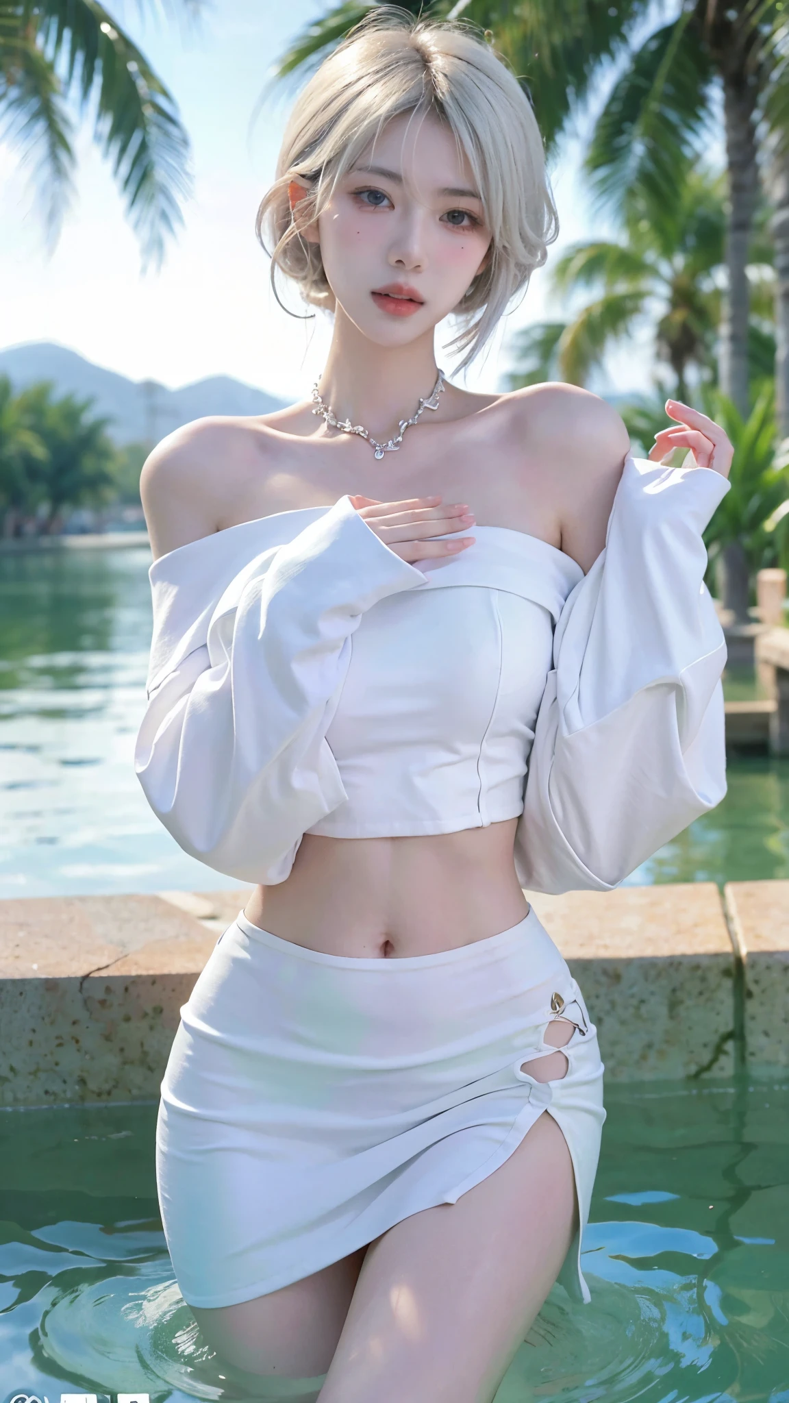 Beautiful woman with perfect figure：1.4，Layered hairstyle，White skin，Prominent cleavage，Bikini：1.5，Super short pleated skirt，whole body，Very delicate facial and skin texture，Double eyelids，Skin Whitening，Long white hair