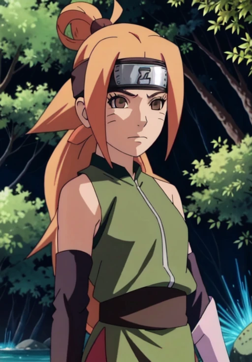 Create a Realistic 3rd Highly Detailed Image of Female Anime Character from the Naruto Universe named Maitan a Hidden Stone Village Shinobi Jonin with long blonde hair and caramel brown eyes wearing a Hidden Stone Ninja Shinobi Uniform and Hidden Stone Village Headband. She is in the the Hidden Stone Village Waiting for you to meet her and she sees you she wave her arm to say hello and welcome you to her Hidden Village.