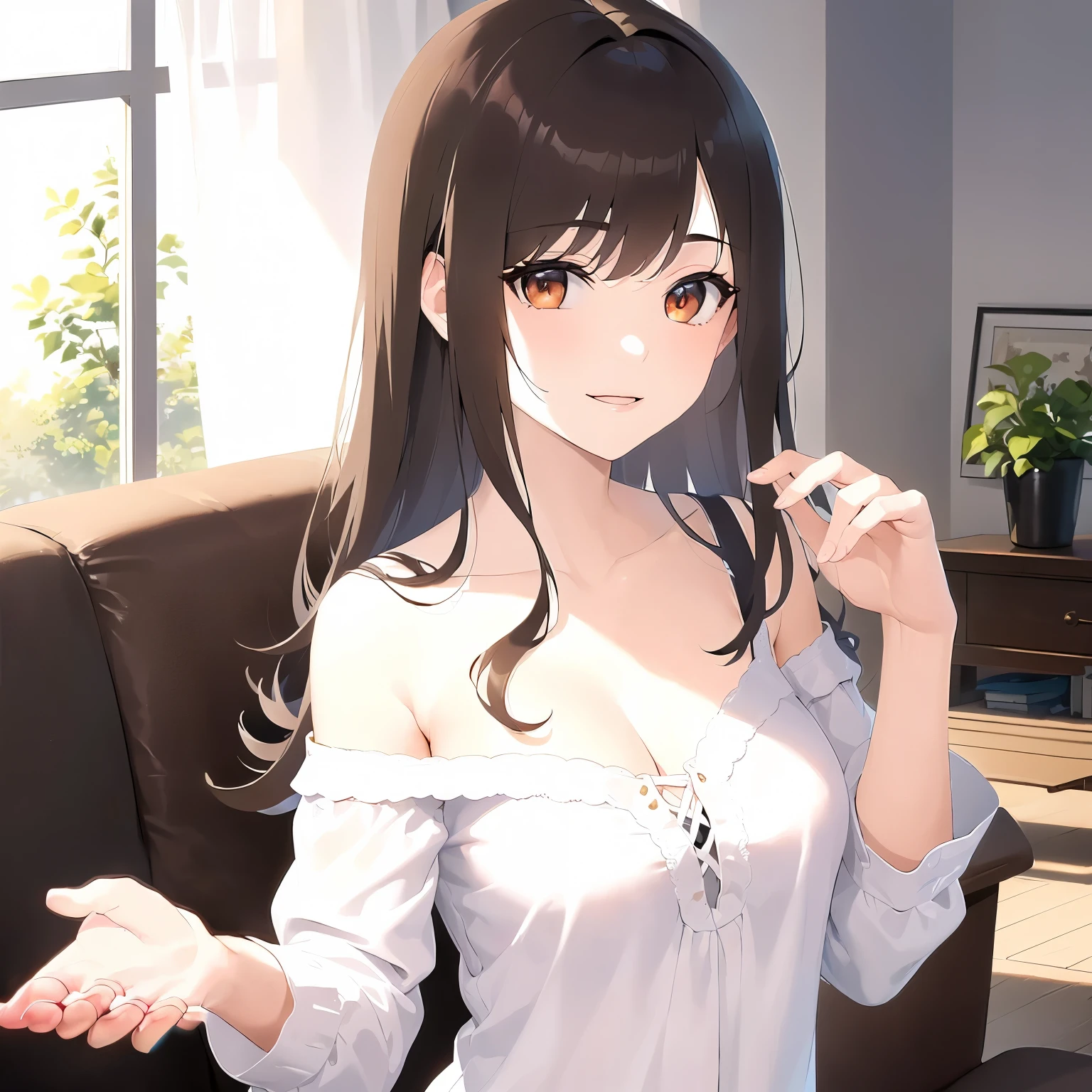 POV、Biologically correct five fingers、waving hand、Cleavage、Upper Body, Realistic, real person, (pale skin: 1.2), RAW photo, photorealistic, shiny skin, shiny hair、(A 25-year-old woman with medium-length hair and bangs) and (wavy hair) and (brown hair) and (orange eyes) , (sundress) and (white) 、smile, The background is the living room、Alone、Are standing