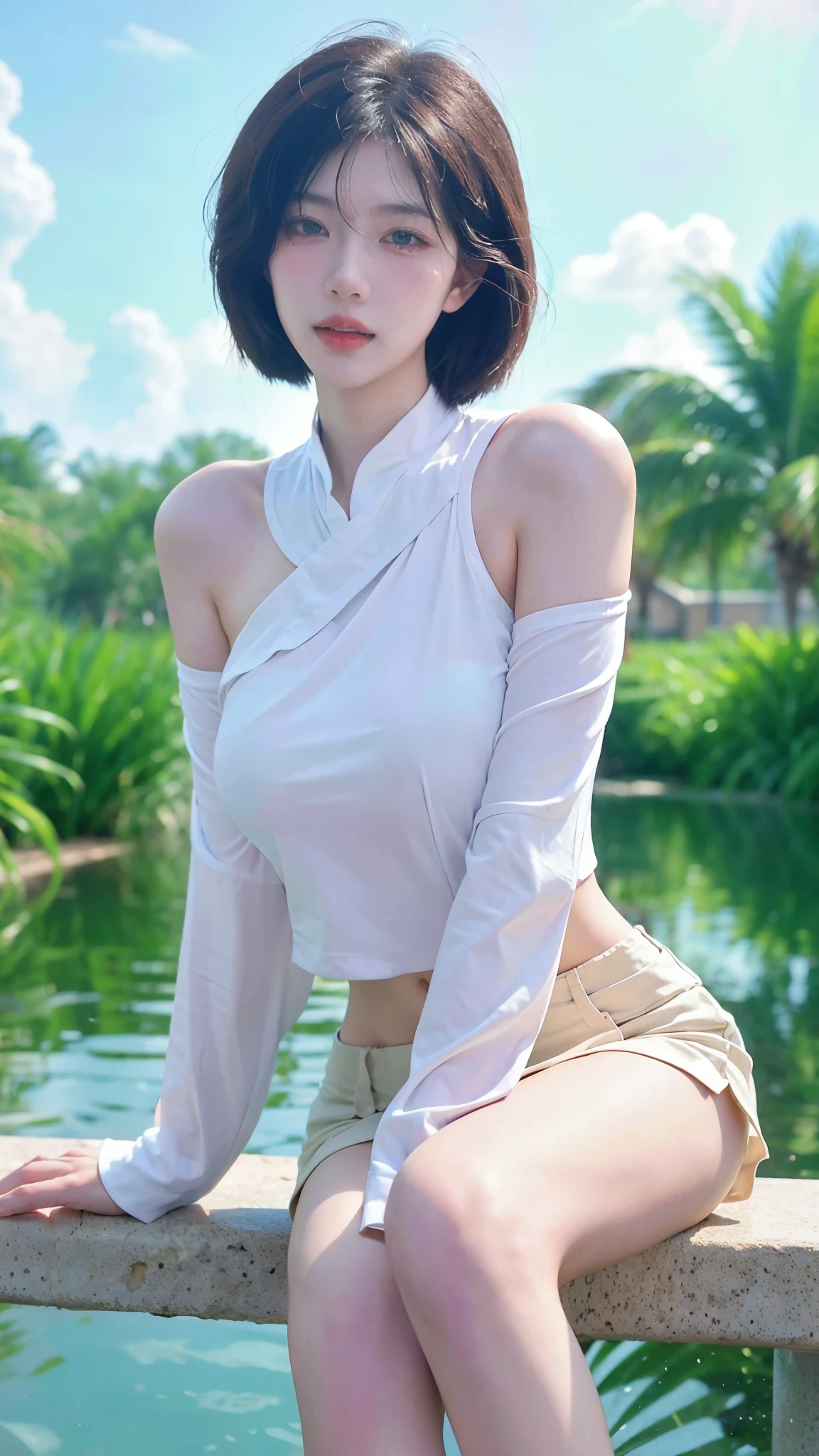 photorealistic, erotic pose, (shot from below:1.2), (intricate details, exaggerated details, ultra high details), self-portrait, (1girl, beautiful, delicate face, innocent, pale skin, short (white) wavy hair), (bandage wrapped around arms), ((modern gray kimono, ancient shorts with (side slits)):1.2), small waist, ((wide thigh gap, wide thighs):1.2), (masterpiece)