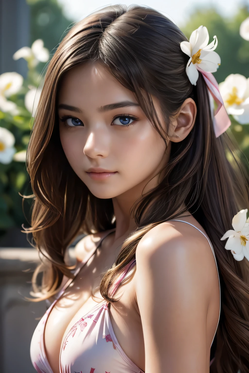 (masterpiece, 最high quality:1.4), (Future days),  (full of white flowers), (1 girl), alone, (european youth:1), Aeris Gainsbourg, hair ribbon, bracelet,  very long hair, hair ribbon, hair flower, , high heels hyperrealistic, high resolution skin, Digital single-lens reflex camera, soft lighting, high quality, highly detailed face, highly detailed skin, skin pores, scattered below the surface, realistic pupils, Medium chest, blush all over the face, lip whole, detailed background, written boundary depth, volume lighting, sharp focus, confused, realistic proportions, excellent anatomy, (realistic, hyperrealistic:1.4), 16K HDR,smile、Pink swimsuit