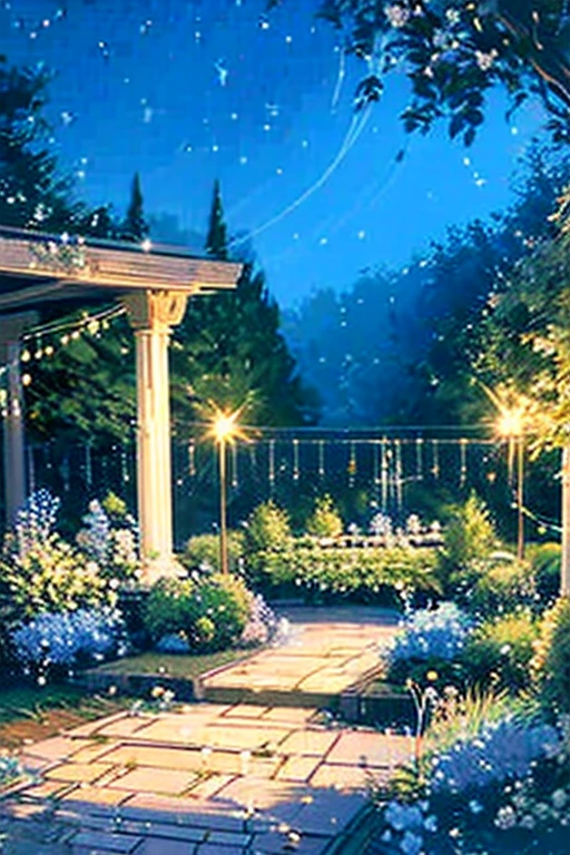 A garden under the stars with sparkling blue roses