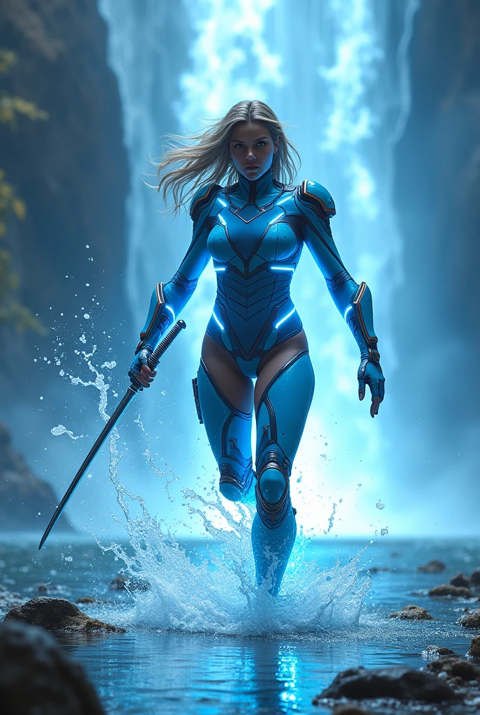 A transforming heroine appears in a hero action scene amid an exploding water column, The body is surrounded by a glowing blue energy., Wearing a tight-fitting combat suit, Blue, light blue and white patchwork combat suit, Neon-colored line lights that accentuate your figure, A transforming heroine appears from the water column in a jumping pose standing on one leg, Wields a slim rapier, Reinforced parts are attached to the shoulders, chest, waist and shins., Decorative and mechanical reinforcement parts, A glaring, screaming face, Splashing water droplets, shisha, Flowing waterfall, Glowing waterfall basin, Glowing River, Dramatic lighting, Cinematic composition, Super detailed, 8k, Photorealistic, Greg Rutkowski 作, ArtStation.