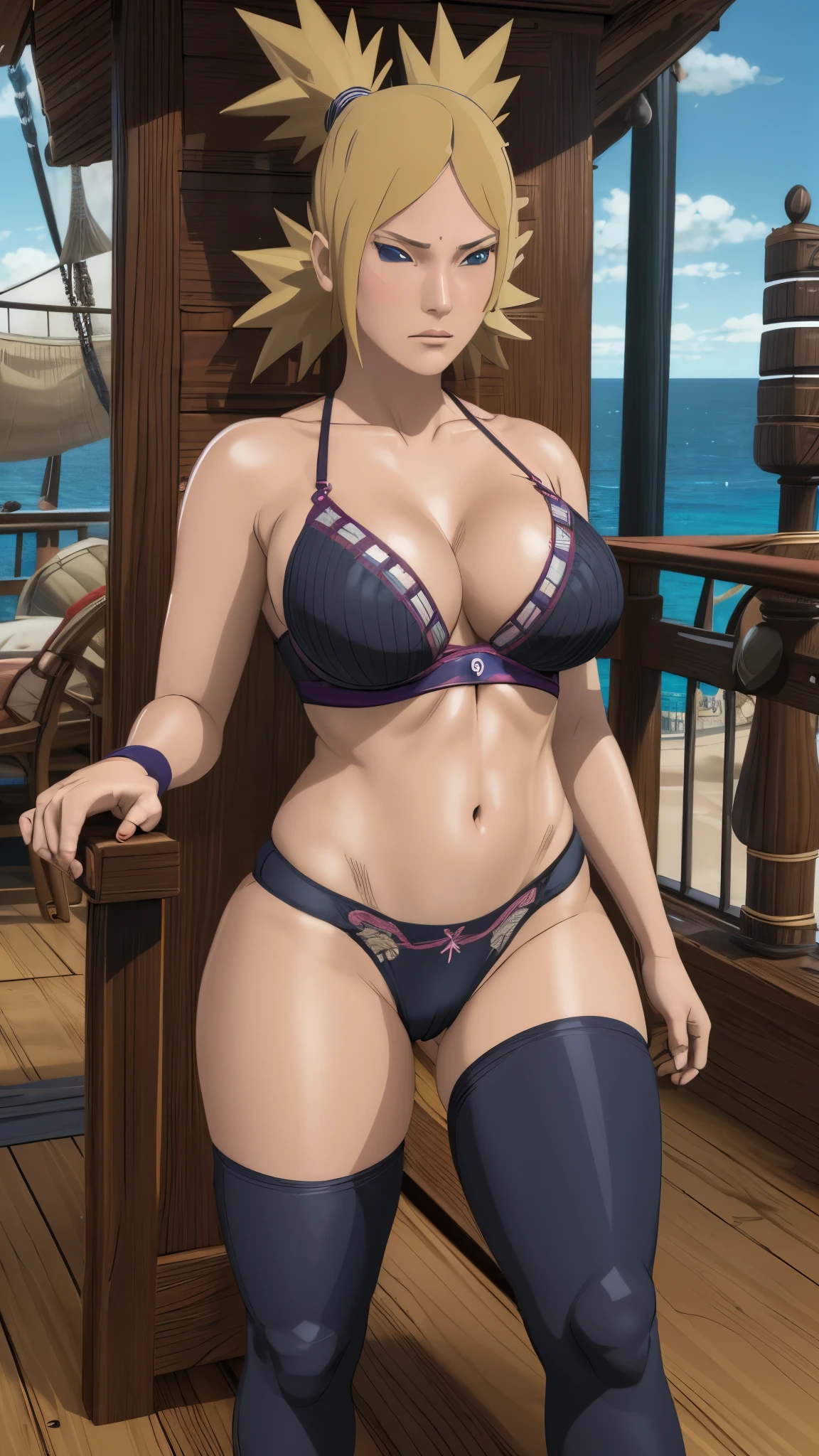 masterpiece, absurdres , (intricate details), (colorful),cinematic lighting,bust shot,extremely detailed CG unity 8k wallpaper,temari\(boruto) Capture the spirit of adventure as transform a pirate captain, Huge breast, wearing a Tight Sport Bra, Thong Underwear, posed on a pirate ship's deck, (((RaikageArt Concept Model)))