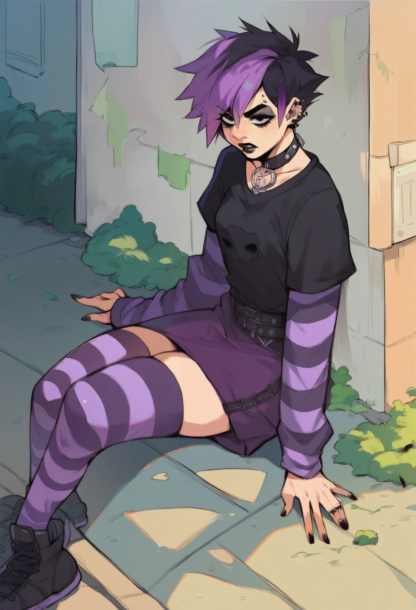 beautyful woman, lilac hair, red lipstick, sidecut hair, long hair, ponytail hair, kneeling, black bra, black jacket, black pants, concerned