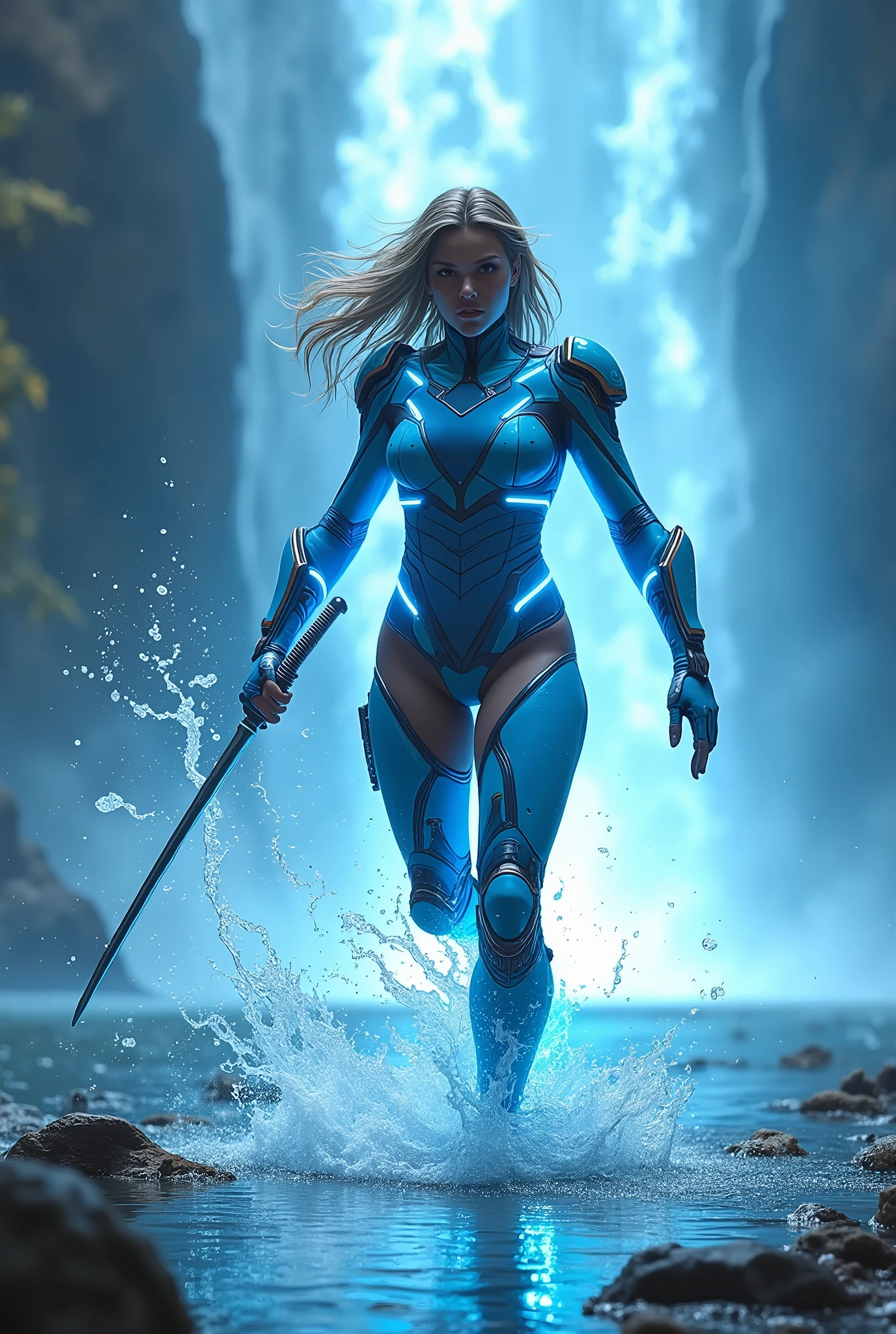 A transforming heroine appears in a hero action scene amid an exploding water column, The body is surrounded by a glowing blue energy., Wearing a tight-fitting combat suit, Blue, light blue and white patchwork combat suit, Neon-colored line lights that accentuate your figure, A transforming heroine appears from the water column in a jumping pose standing on one leg, Wields a slim rapier, Reinforced parts are attached to the shoulders, chest, waist and shins., Decorative and mechanical reinforcement parts, A glaring, screaming face, Splashing water droplets, shisha, Flowing waterfall, Glowing waterfall basin, Glowing River, Dramatic lighting, Cinematic composition, Super detailed, 8k, Photorealistic, Greg Rutkowski 作, ArtStation.