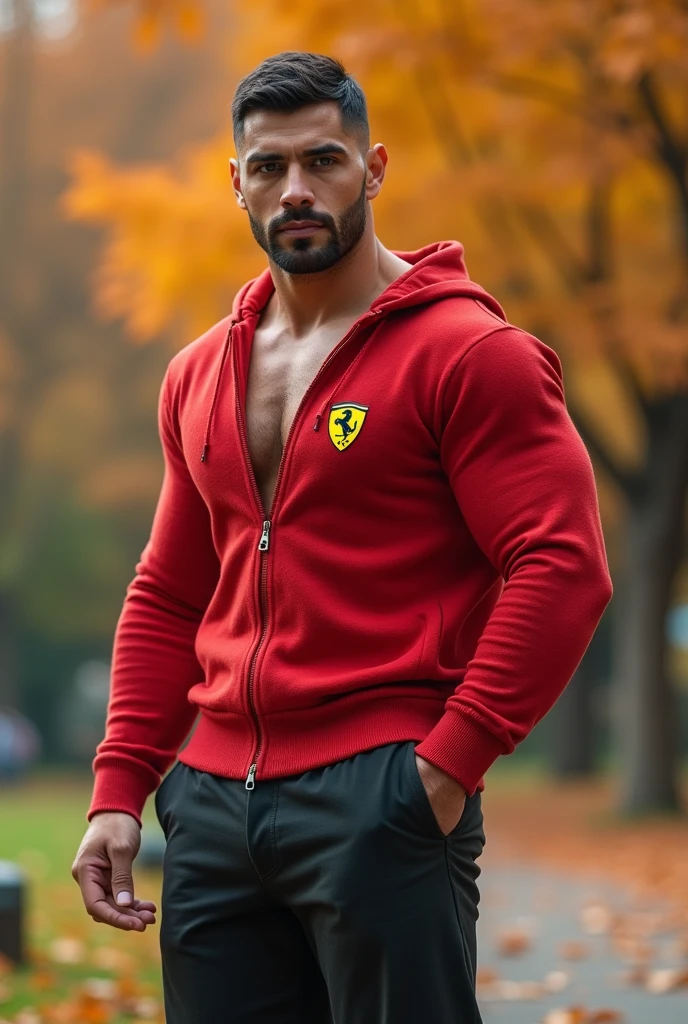 a handsome man in an open racing suit, holding a helmet, with black hair, muscular body,open shirt,shown abs,bigboobs, ferrari and red bull logo on his clothes, f1 racing, outdoor scene, (best quality,4k,8k,highres,masterpiece:1.2),ultra-detailed,(realistic,photorealistic,photo-realistic:1.37),cinematic lighting,vivid colors,concept art