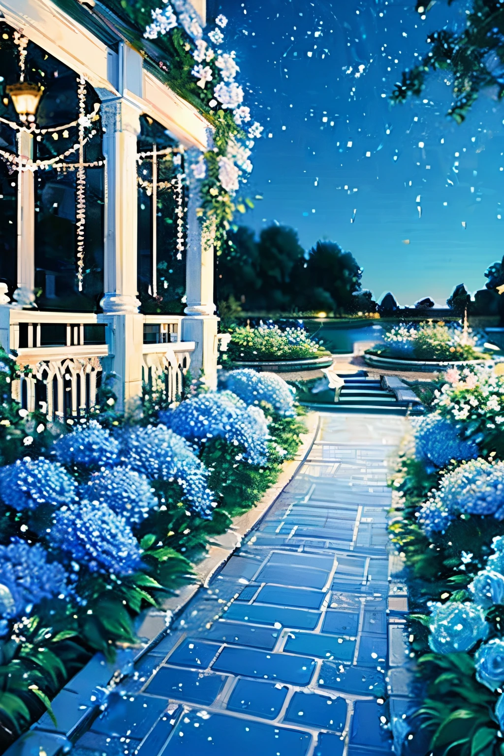 A garden under the stars with sparkling blue roses