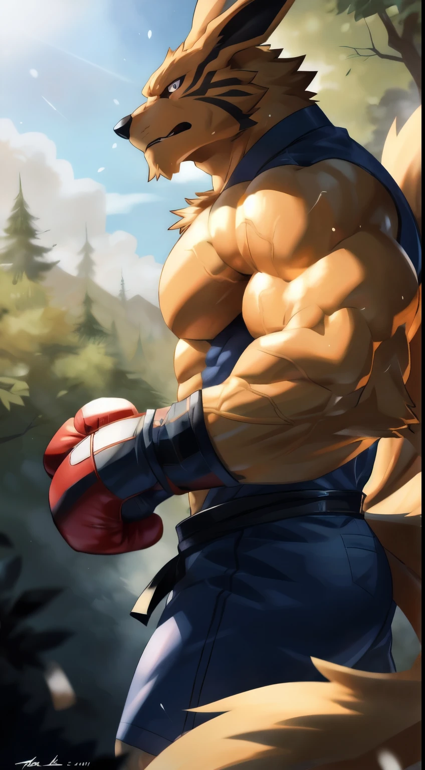 ultra quality:1.4, 4k, high resolution, best quality, color, smooth comics style, takemoto_arashi style, wfa style, solo, kurama:1.0, muscles:1, heavyweight, massive build, vascular veins, anime martial arts, sweat:1.2, strong:1, masculine, (in a forest), fighting scene, dynamic scene, (wearing boxing gloves, detailed boxing gloves:1.1), detailed, detailed face, detailed eyes