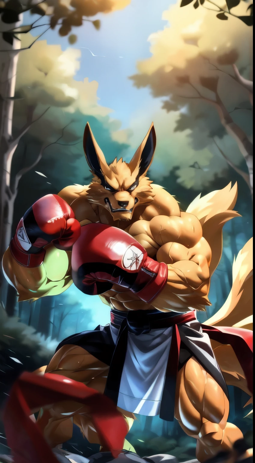 ultra quality:1.4, 4k, high resolution, best quality, color, smooth comics style, takemoto_arashi style, wfa style, solo, kurama:1.0, muscles:1, heavyweight, massive build, vascular veins, anime martial arts, sweat:1.2, strong:1, masculine, (in a forest), fighting scene, dynamic scene, (wearing boxing gloves, detailed boxing gloves:1.1), detailed, detailed face, detailed eyes