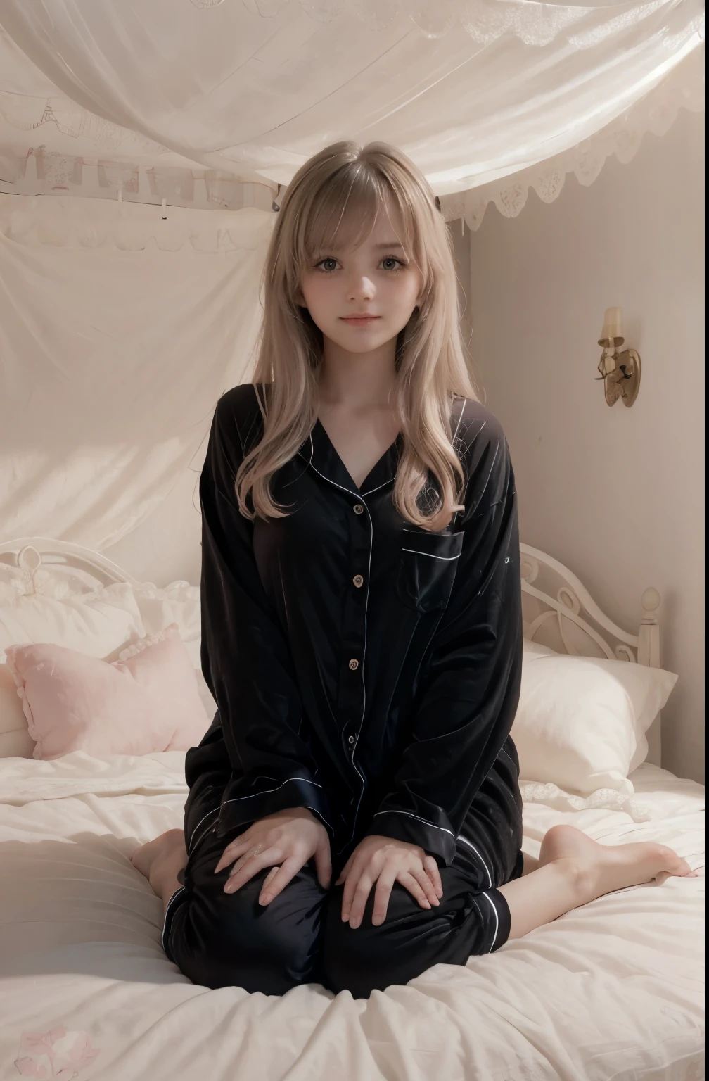 photo of mariya with long blonde hair, bang, NSFW, (petite:1.4), wearing (black pajamas:1.3), sitting on bed in a cute girly bedroom adorned with pastel hues and playful decor. The walls are painted in soft pinks or lavender, with a delicate floral or heart-patterned wallpaper as an accent. A canopy bed with sheer, flowy curtains creates a dreamy atmosphere. Plush stuffed animals and fluffy throw pillows in various shades of pink adorn the bed,
realistic, photorealistic,
High quality, RAW photograph, detailed background, intricate, highly detailed, sharp focus, high resolution, 8k, uhd, dslr, realistic eyes, perfect eyes,