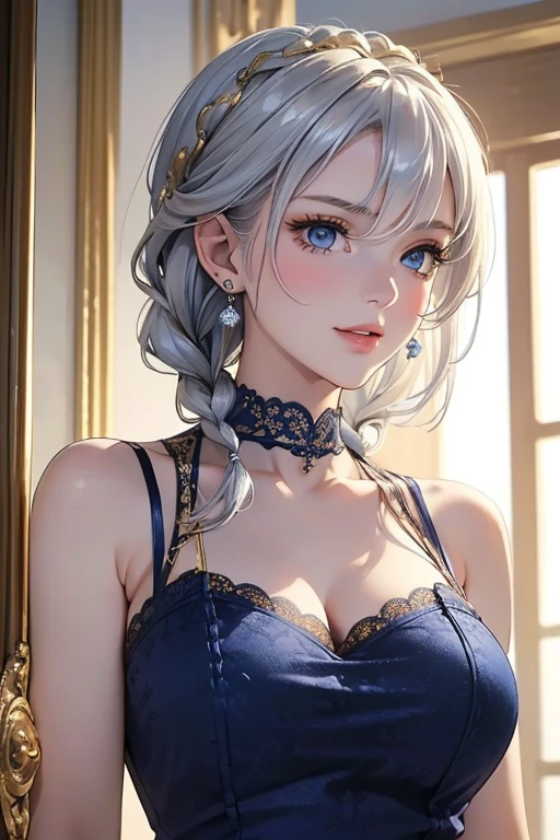 (masterpiece: 1.2, Best Quality), (Actual Photos, Intricate details), 1. woman, Alone, Casual upper body, Shoulder-length hair Minimal makeup, Natural materials, , Home,((Silver Hair)).blue eyes, Bare shoulders、Toothy smile、((White lace outfit))、((blue eyes))、((Beautiful blue earrings)).((Gold decoration)).((Braids)).((Navy and red lace)).