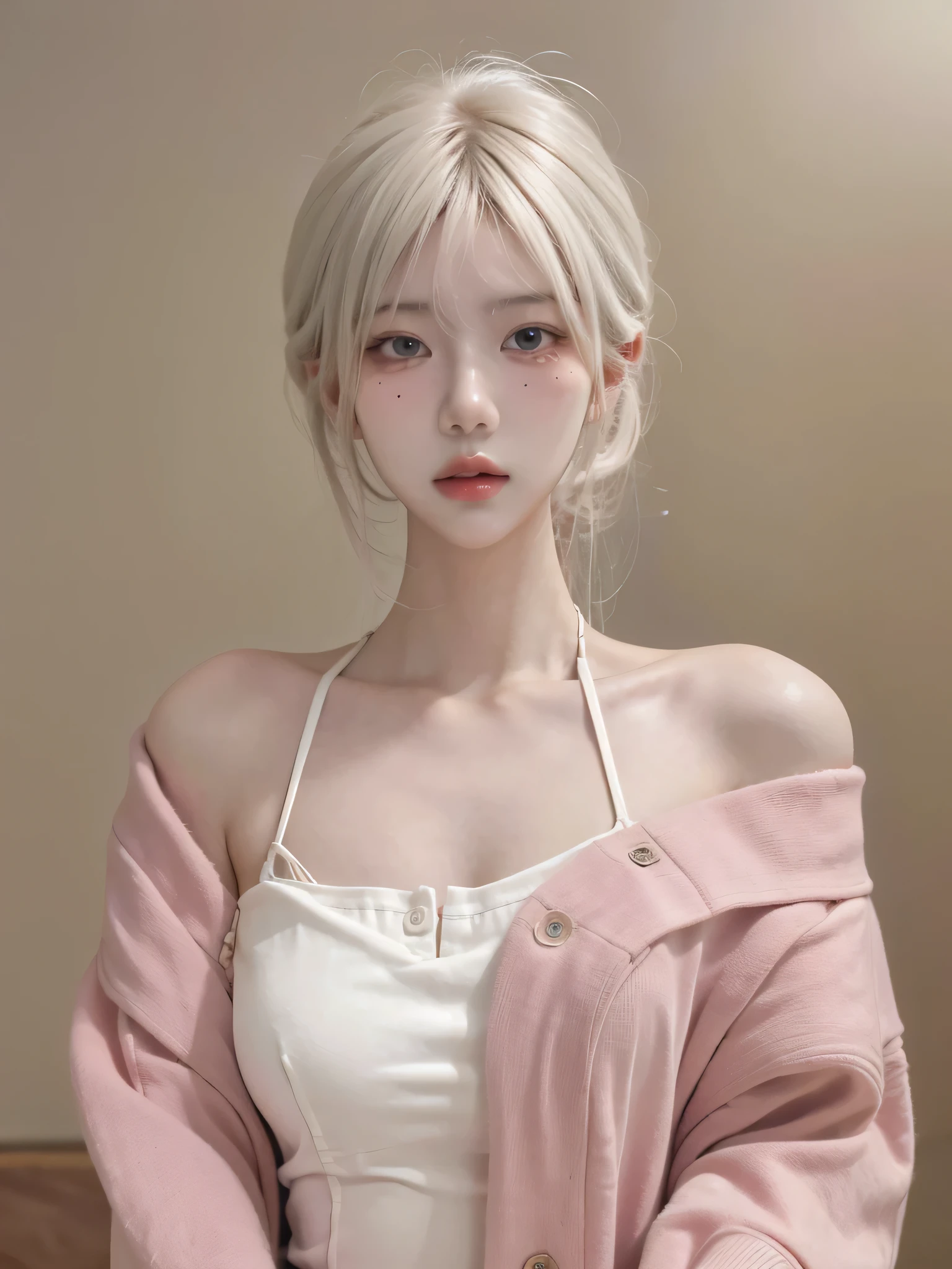 Beautiful woman with perfect figure:1.4,Ultra-high resolution,White background,(Realism:1.4),Layered hairstyle,White skin,Bikini:1.5,JK,whole body,Very delicate face and skin texture,Double eyelids,Skin Whitening,short hair,White hair
