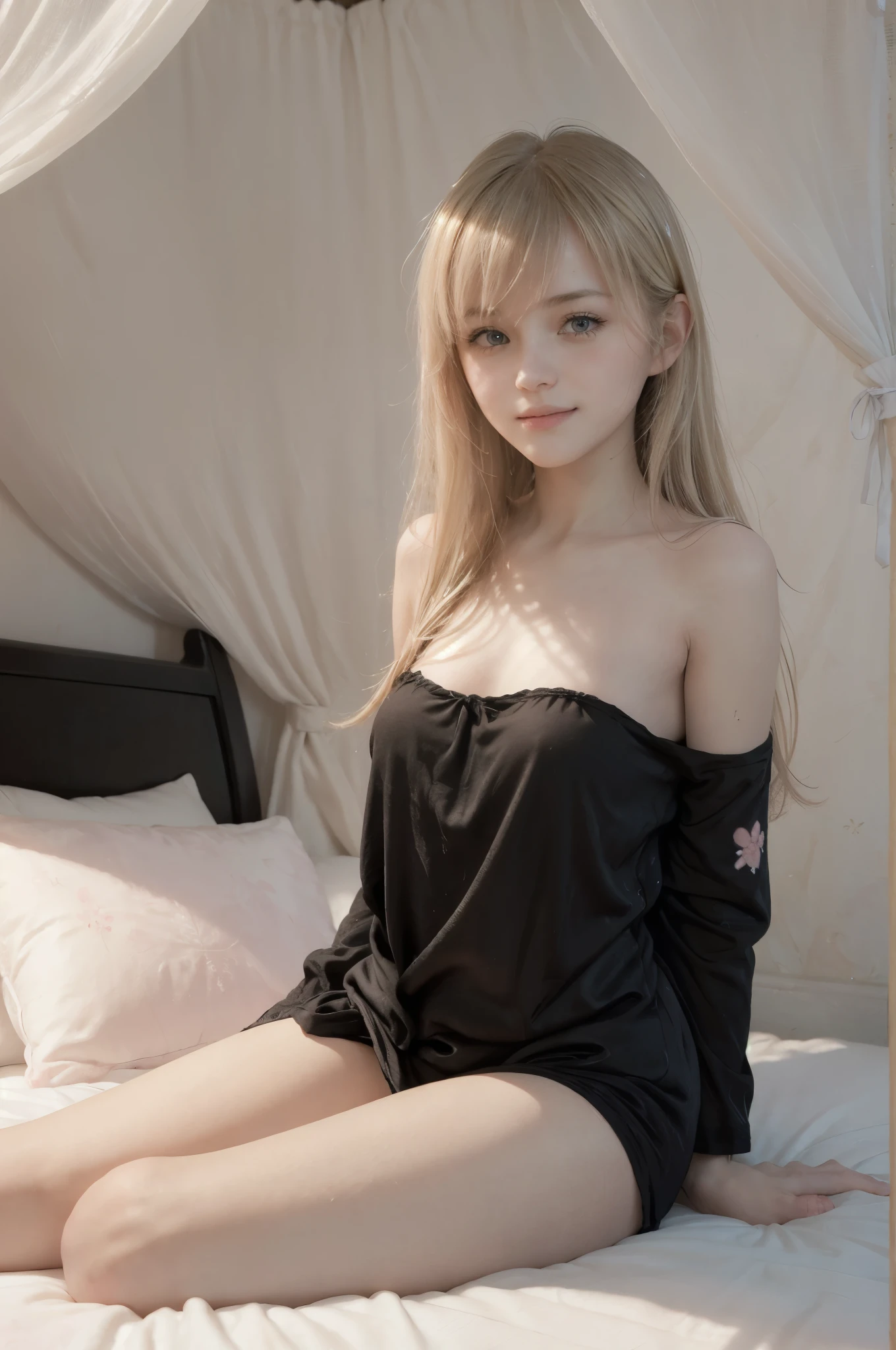 photo of mariya with long blonde hair, bang, NSFW, (petite:1.4), wearing (black pajamas:1.3), sitting on bed in a cute girly bedroom adorned with pastel hues and playful decor. The walls are painted in soft pinks or lavender, with a delicate floral or heart-patterned wallpaper as an accent. A canopy bed with sheer, flowy curtains creates a dreamy atmosphere. Plush stuffed animals and fluffy throw pillows in various shades of pink adorn the bed,
realistic, photorealistic,
High quality, RAW photograph, detailed background, intricate, highly detailed, sharp focus, high resolution, 8k, uhd, dslr, realistic eyes, perfect eyes,