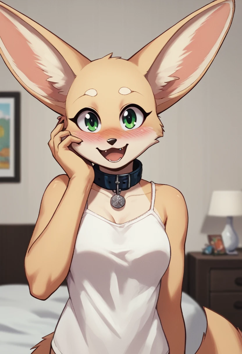 score_9, score_8_up, score_7_up, score_6_up, score_5_up, score_4_up, source_furry, by euf-dreamer, standing, indoors, bedroom, bed, upper body BREAK female, anthro, fennec, fox, tan fur, hand on own face, collar, white camisole,  medium breasts, smile, looking at viewer, green eyes, blush, open mouth  