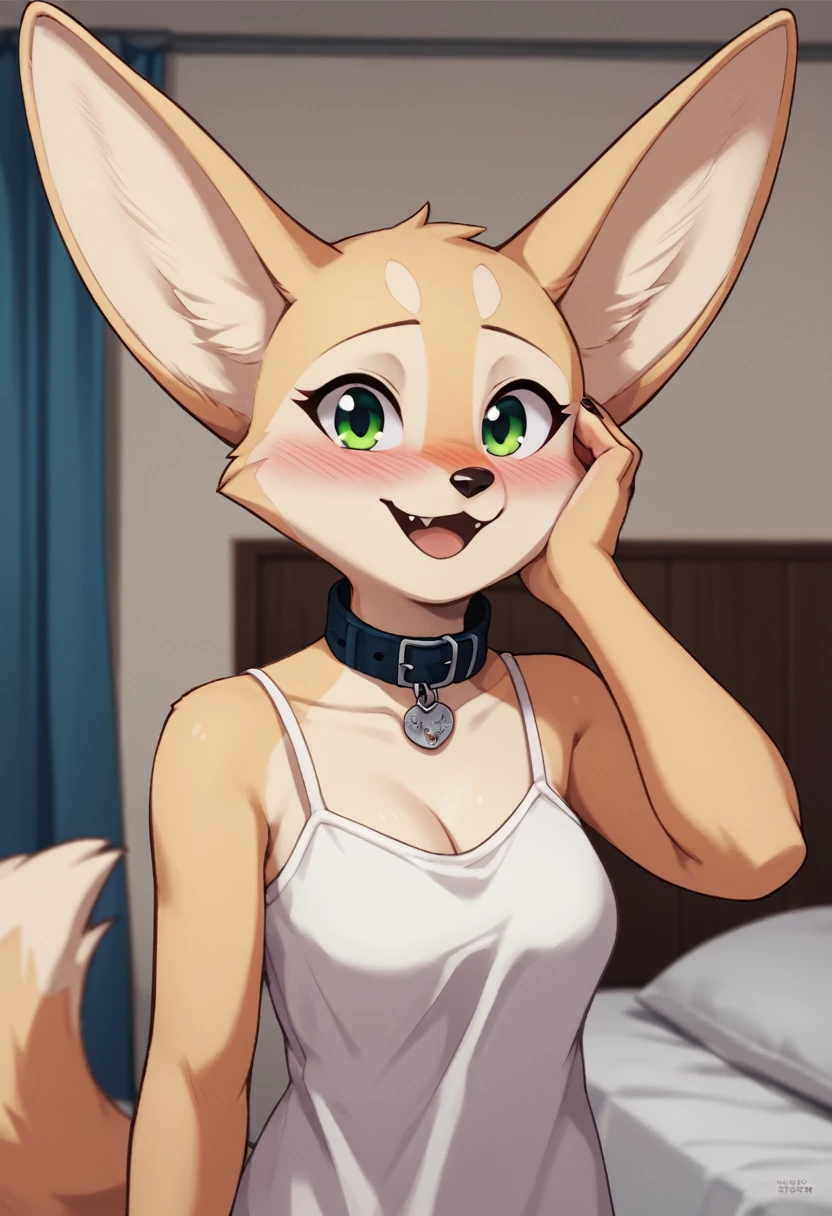 score_9, score_8_up, score_7_up, score_6_up, score_5_up, score_4_up, source_furry, by euf-dreamer, standing, indoors, bedroom, bed, upper body BREAK female, anthro, fennec, fox, tan fur, hand on own face, collar, white camisole,  medium breasts, smile, looking at viewer, green eyes, blush, open mouth  