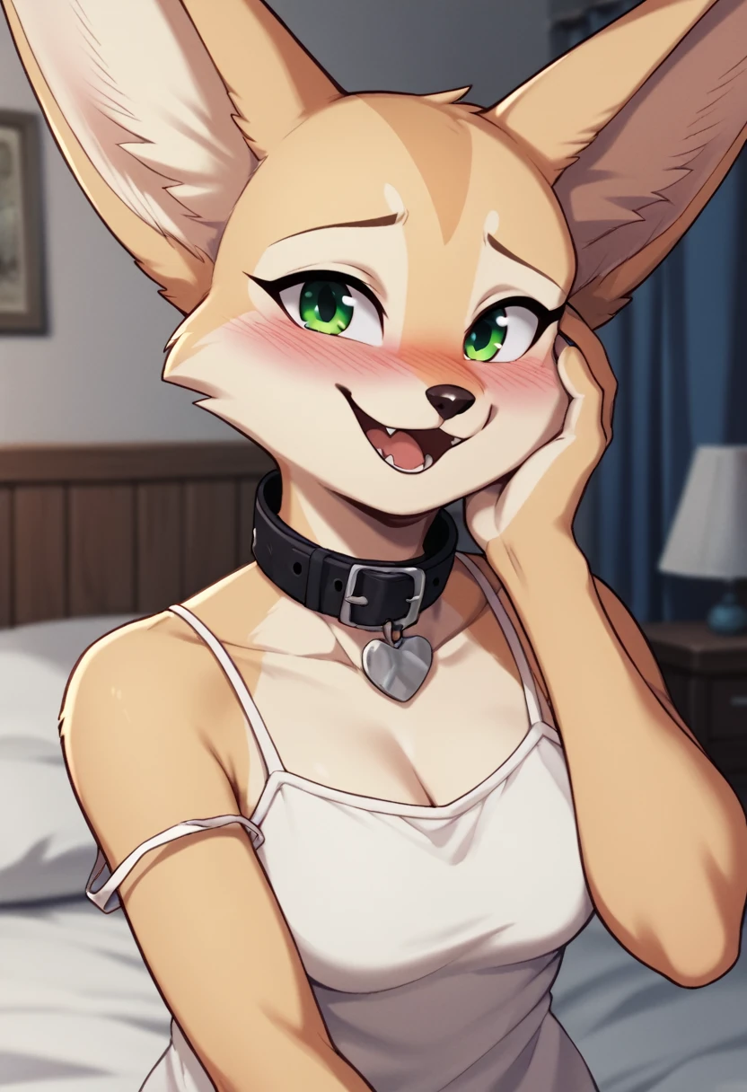 score_9, score_8_up, score_7_up, score_6_up, score_5_up, score_4_up, source_furry, by euf-dreamer, standing, indoors, bedroom, bed, upper body BREAK female, anthro, fennec, fox, tan fur, hand on own face, collar, white camisole,  medium breasts, smile, looking at viewer, green eyes, blush, open mouth  