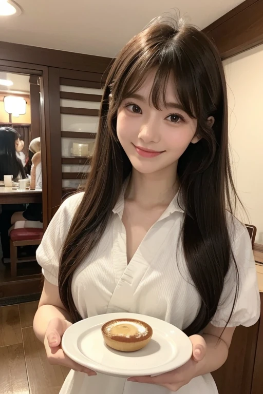 There is a woman with long hair wearing a yellow polka dot shirt, Yoshitomo Nara, sakimichan, small nose, chiho, accurate face, cute natural anime face, Japanese facial features, clear cute face, legs is beautiful, cute realistic portrait, Asian face, 8k selfie, soft makeup, beautiful legs, in a cafe