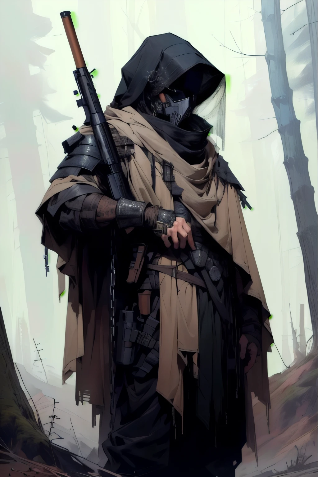 a person in a forest, standing to the left, militia/soldier, at attention, wearing tattered matching robes, has a black mask with a chain veil attached to it that completely conceals face, wears a cowl, goggles, hood, has torn and tattered robes underneath scrappy leather armor, tattered shoulder cape similar to a simar, holding a rifle under their arm, leather wrap bracers around forearms. flat shading, drawing outlines, apocalyptic