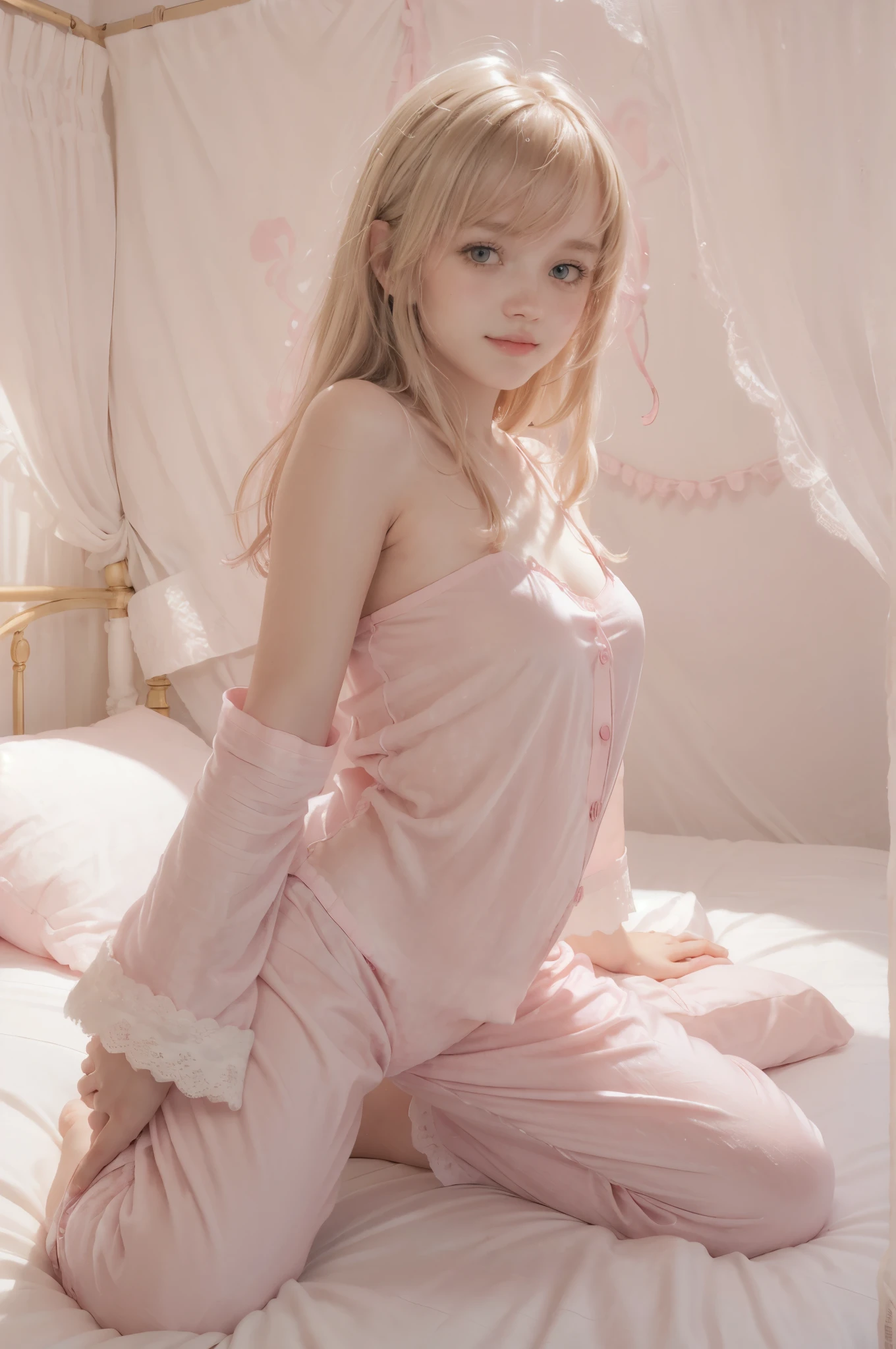 photo of mariya with long blonde hair, bang, NSFW, (petite:1.4), wearing (pink pajamas:1.3), (cumming:1.5), on bed in a cute girly bedroom adorned with pastel hues and playful decor. The walls are painted in soft pinks or lavender, with a delicate floral or heart-patterned wallpaper as an accent. A canopy bed with sheer, flowy curtains creates a dreamy atmosphere. Plush stuffed animals and fluffy throw pillows in various shades of pink adorn the bed,
realistic, photorealistic,
High quality, RAW photograph, detailed background, intricate, highly detailed, sharp focus, high resolution, 8k, uhd, dslr, realistic eyes, perfect eyes,