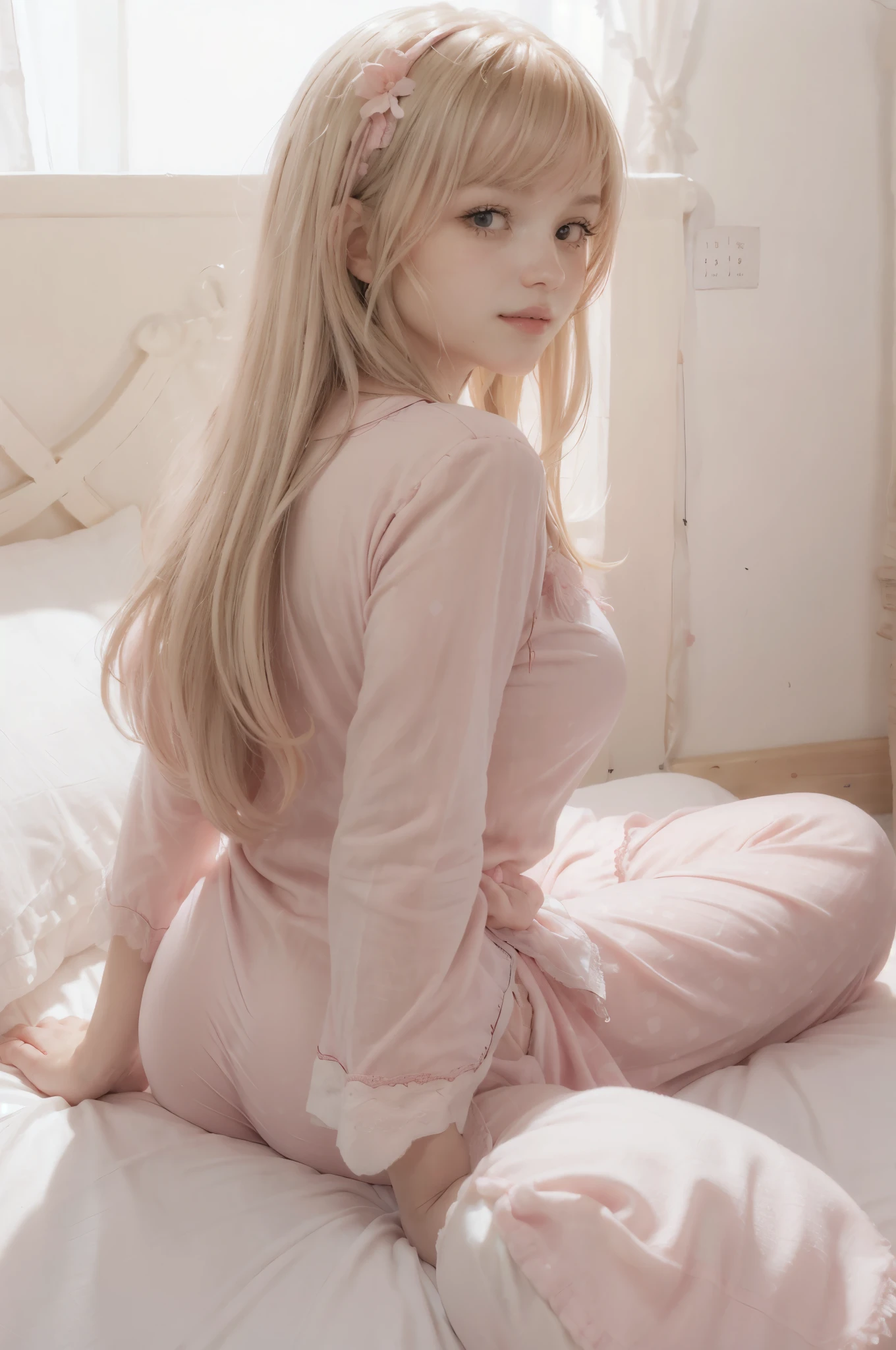 photo of mariya with long blonde hair, bang, NSFW, (petite:1.4), wearing (pink pajamas:1.3), (mastrubating:1.8),  on bed in a cute girly bedroom adorned with pastel hues and playful decor. The walls are painted in soft pinks or lavender, with a delicate floral or heart-patterned wallpaper as an accent. A canopy bed with sheer, flowy curtains creates a dreamy atmosphere. Plush stuffed animals and fluffy throw pillows in various shades of pink adorn the bed,
realistic, photorealistic,
High quality, RAW photograph, detailed background, intricate, highly detailed, sharp focus, high resolution, 8k, uhd, dslr, realistic eyes, perfect eyes,