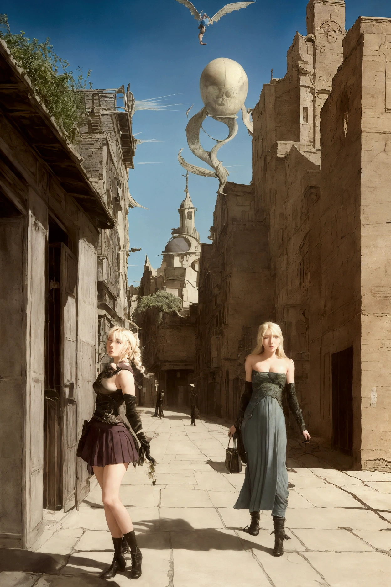 
a sexy undead woman wanders in an old abandoned and dilapidated cemetery, in the distance behind her a mysterious ghost with illuminated eyes