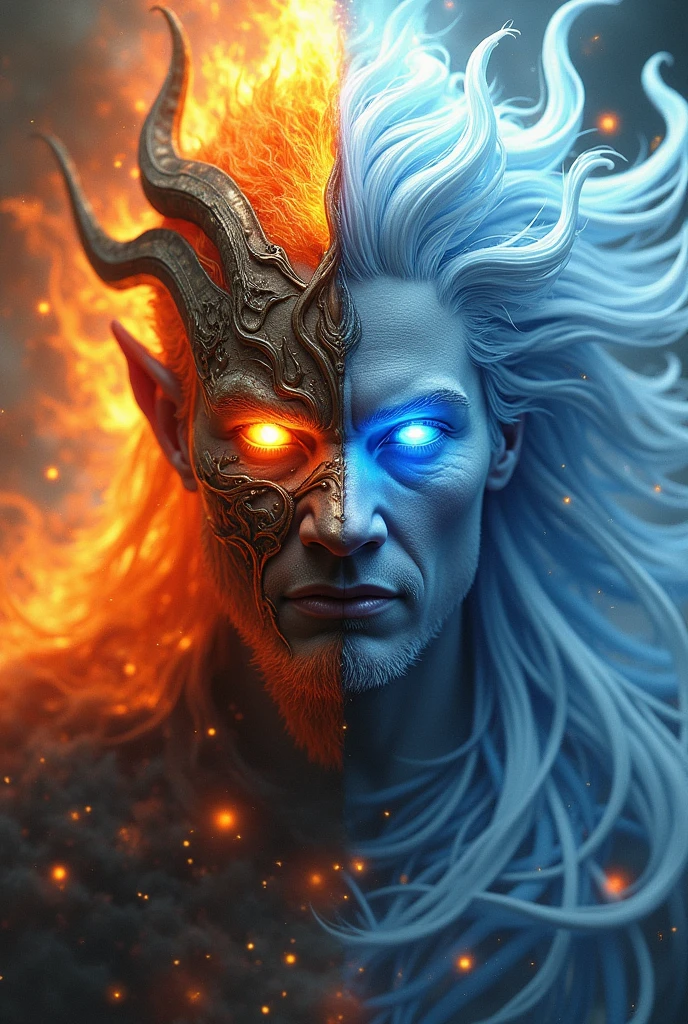 someone who has 2 sides of light and darkness, has the power of wind, fire and water, have sharinggan and rinengang eyes, have horns, medium body like a human, handsome and dashing